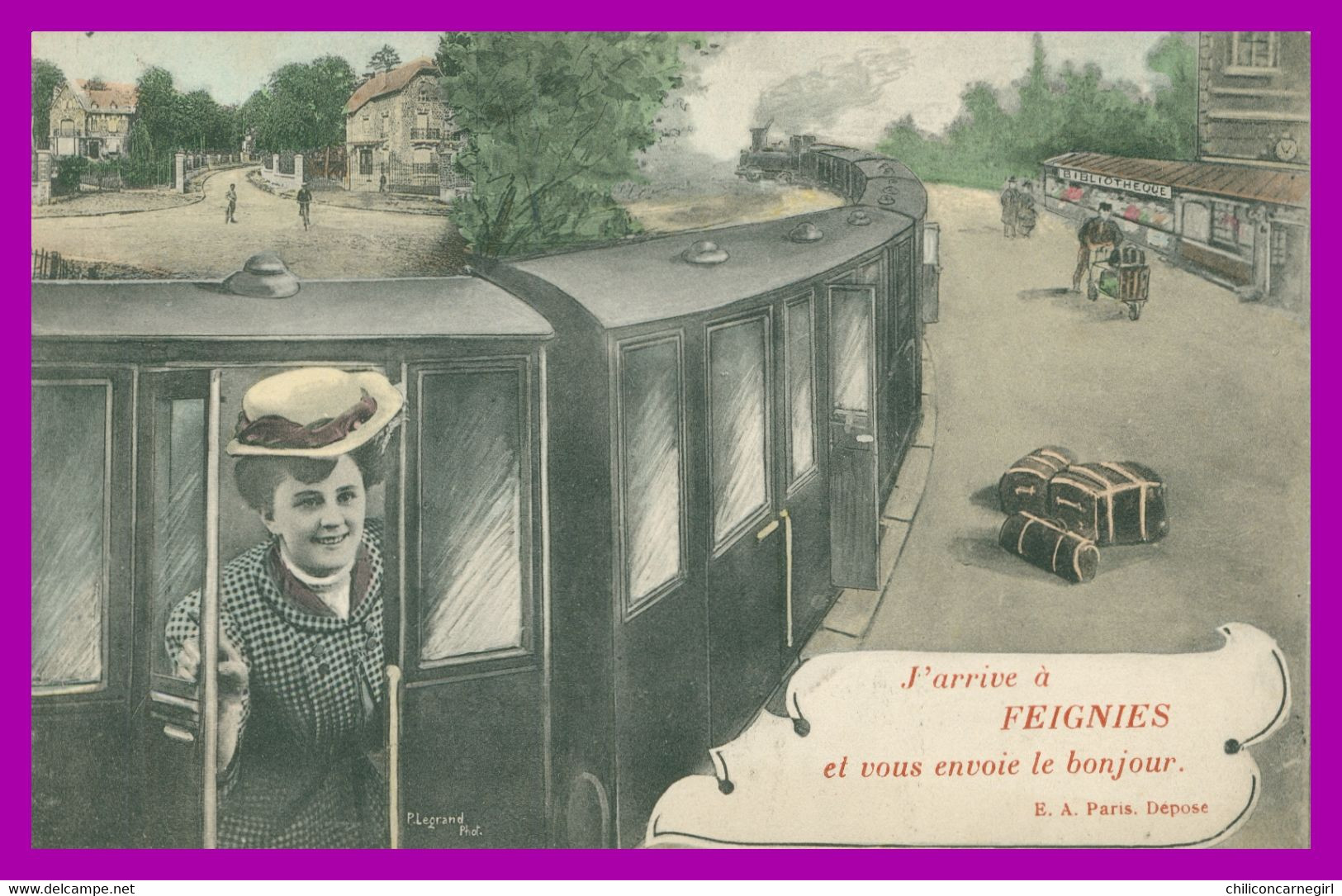 * Fantaisie - J'arrive à FEIGNIES Et Vous Envoie Le Bonjour - Femme - Train - Bibliothèque - Edit. E.A. - Photo LEGRAND - Feignies
