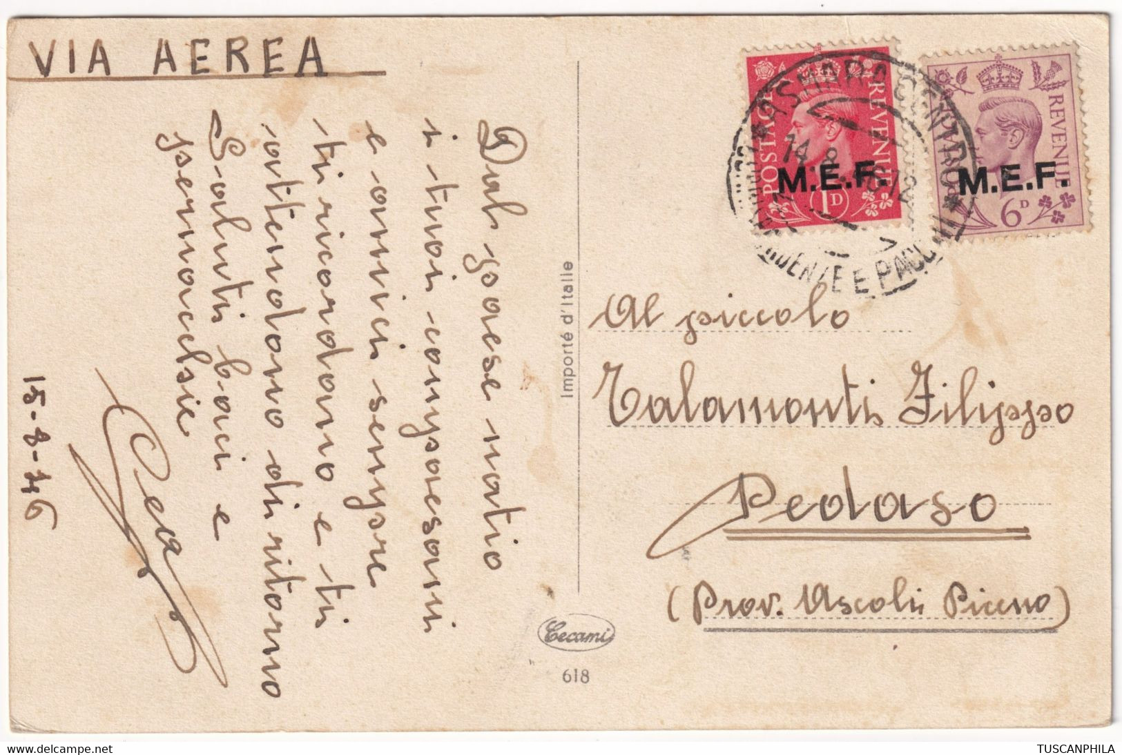 1946 14 Ago 1 + 6 D. Sass 6+11 Su Cartolina Tema Calcio Da Asmara X Pedaso - British Occ. MEF