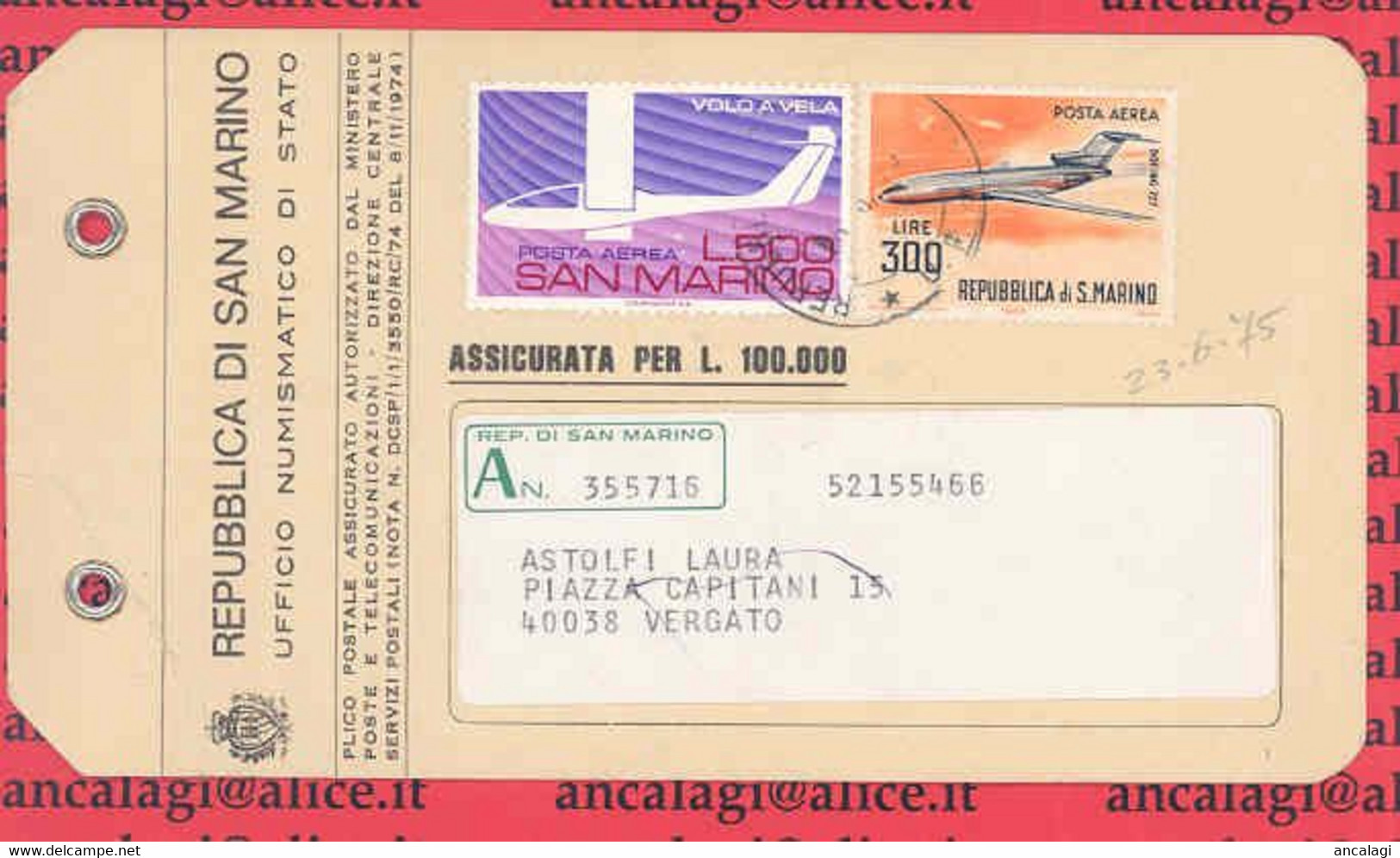 SAN MARINO 1975 - St.Post.052 - Targhetta Di Plico Postale Assicurato "VOLO A VELA" Posta Aerea - Vedi Descrizione - - Covers & Documents
