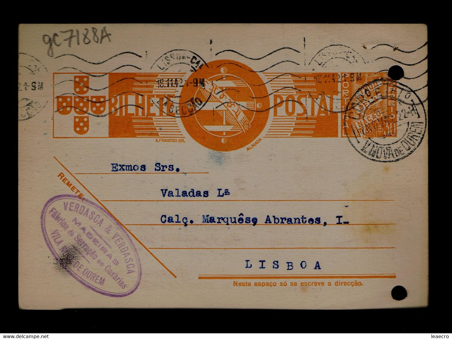 Gc7188A PORTUGAL Postal Stationery "V.NOVA.de OURÉM" Town Slogan-pmk 1942-11-18 Mailed Lisboa (2 File Holes) - Flammes & Oblitérations