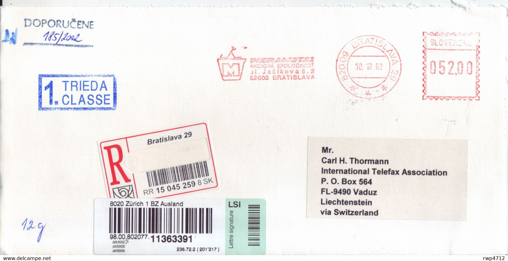 SLOVAKIA  R-Brief  Metered Registered Cover  Lettre Recomm. 2002 To Liechtenstein - Covers & Documents