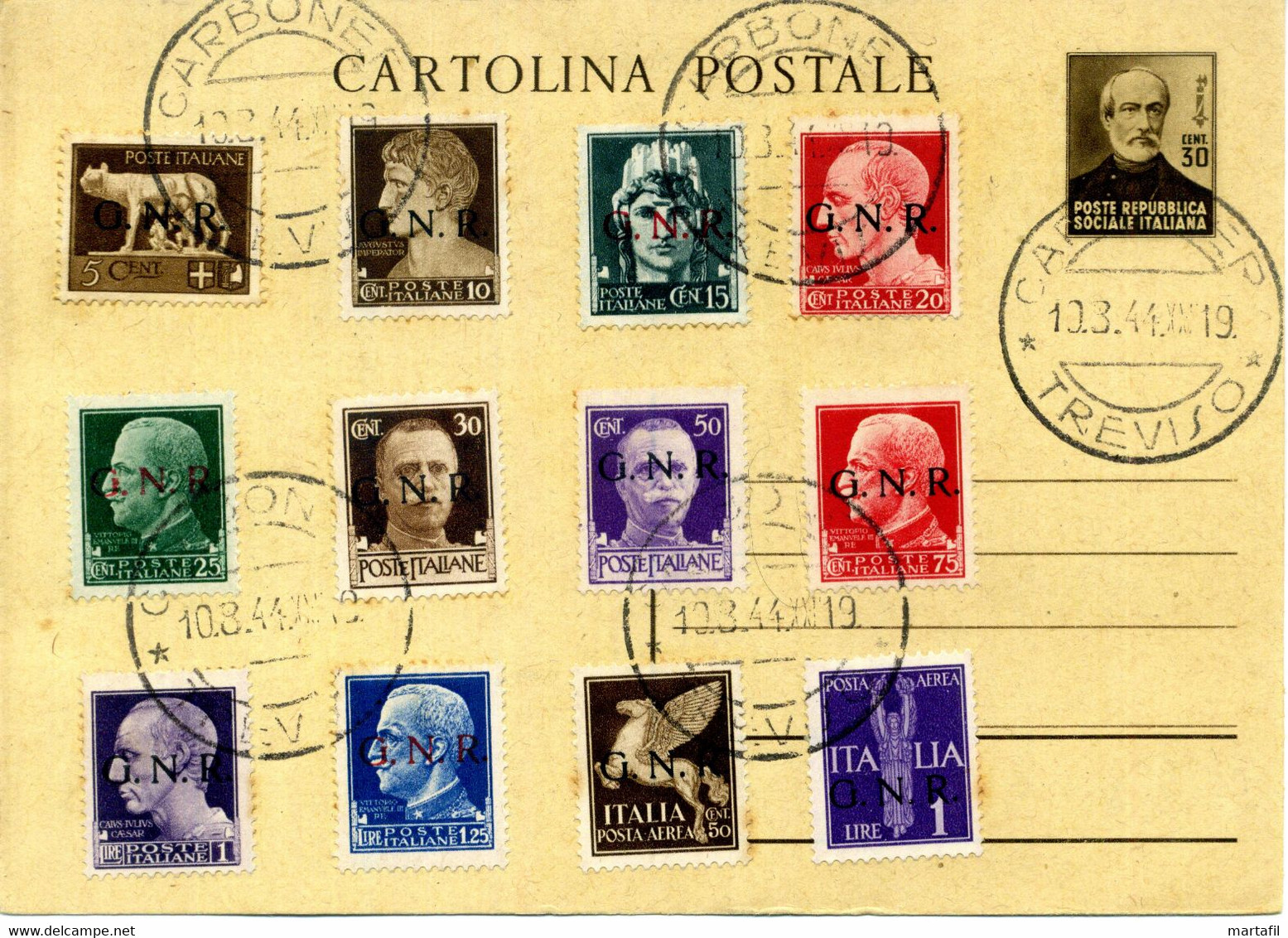 Repubblica Sociale Italiana RSI - Cartolina Filatelica Con Annullo Carbone - TREVISO - Storia Postale