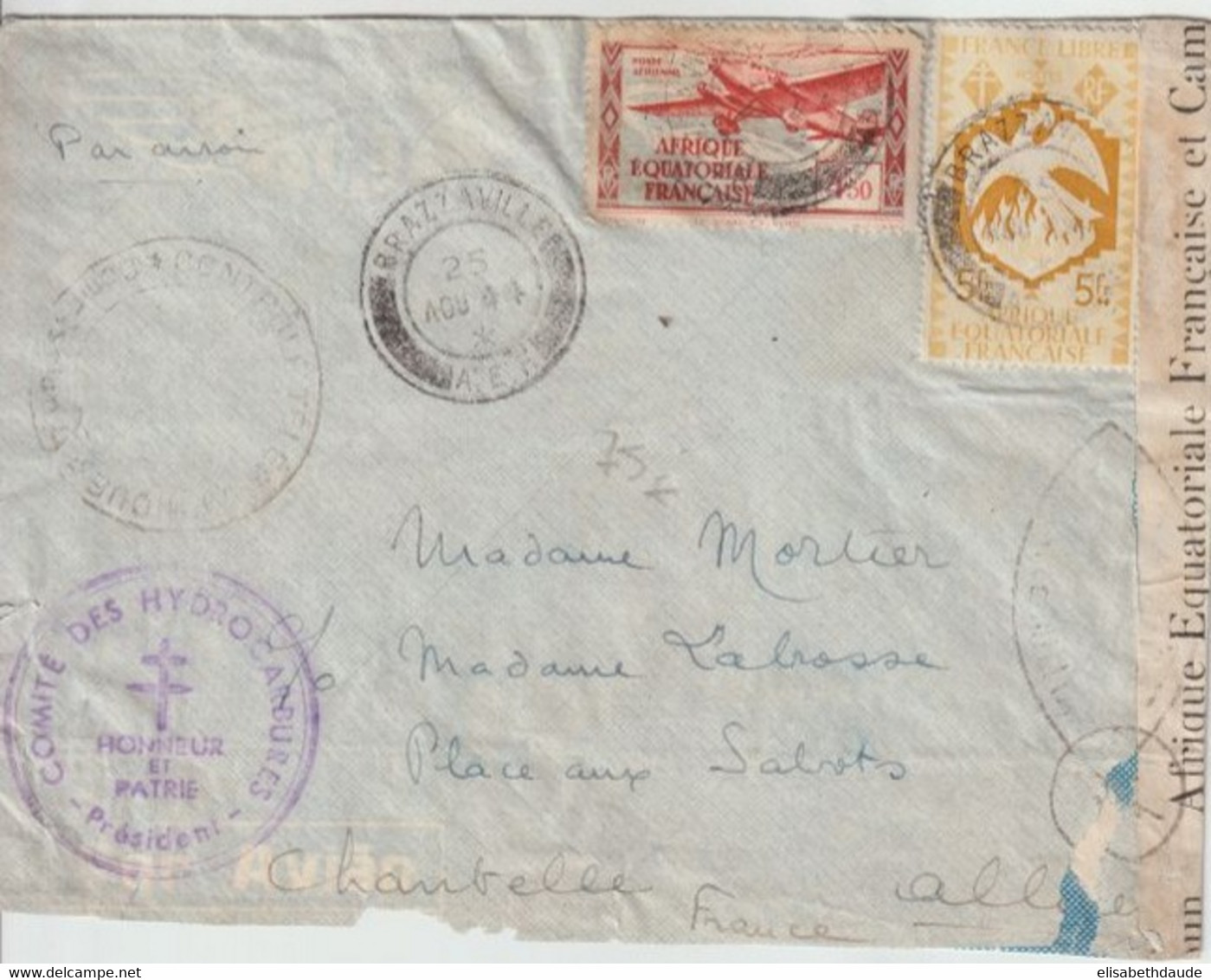 1944 - FRANCE LIBRE / AEF - ENVELOPPE Du COMITE Des HYDROCARBURES ! CENSURE De BRAZZAVILLE (CONGO) => CHANTELLE (ALLIER) - Covers & Documents