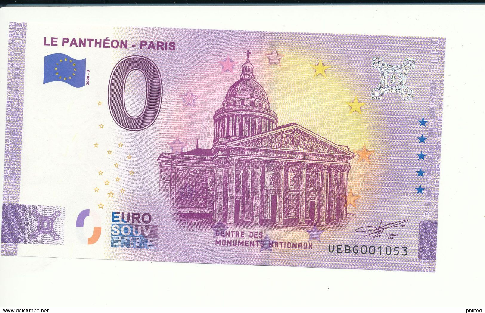 Billet Touristique  0 Euro  - LE PANTHÉON - PARIS  - UEBG - 2020-3 - N° 1053 - Autres & Non Classés