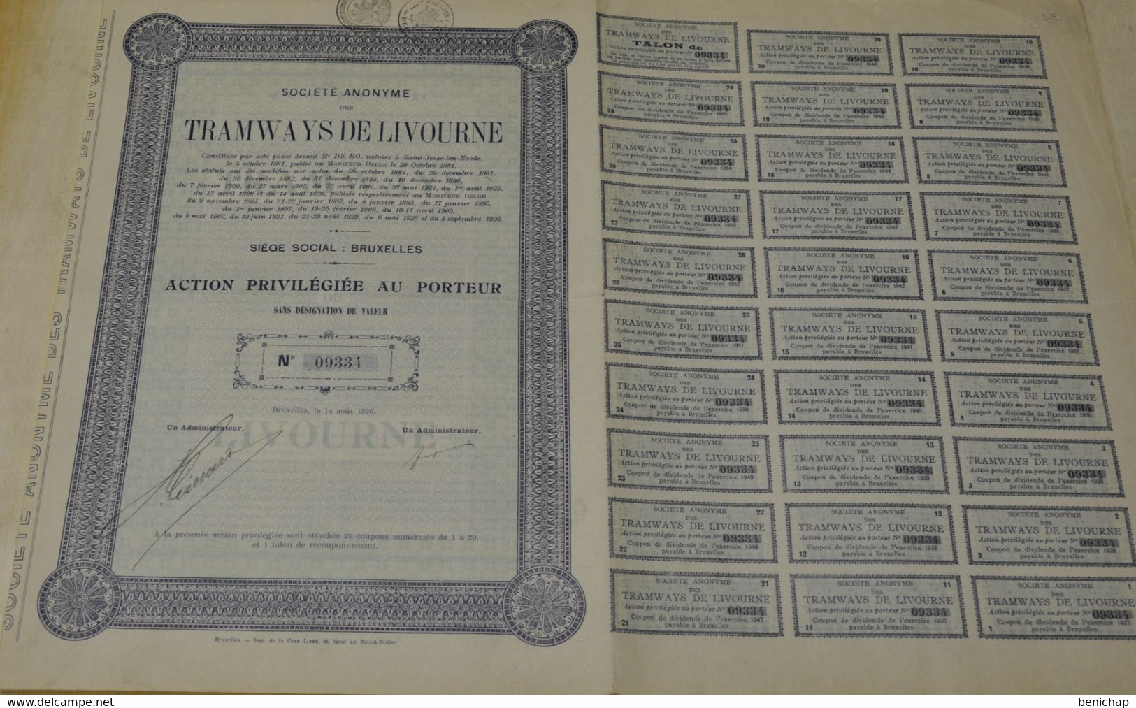 S.A. Des Tramways De Livourne - Toscane - Italie - Action Privilégiées Au Porteur - Bruxelles Aout 1926. - Chemin De Fer & Tramway