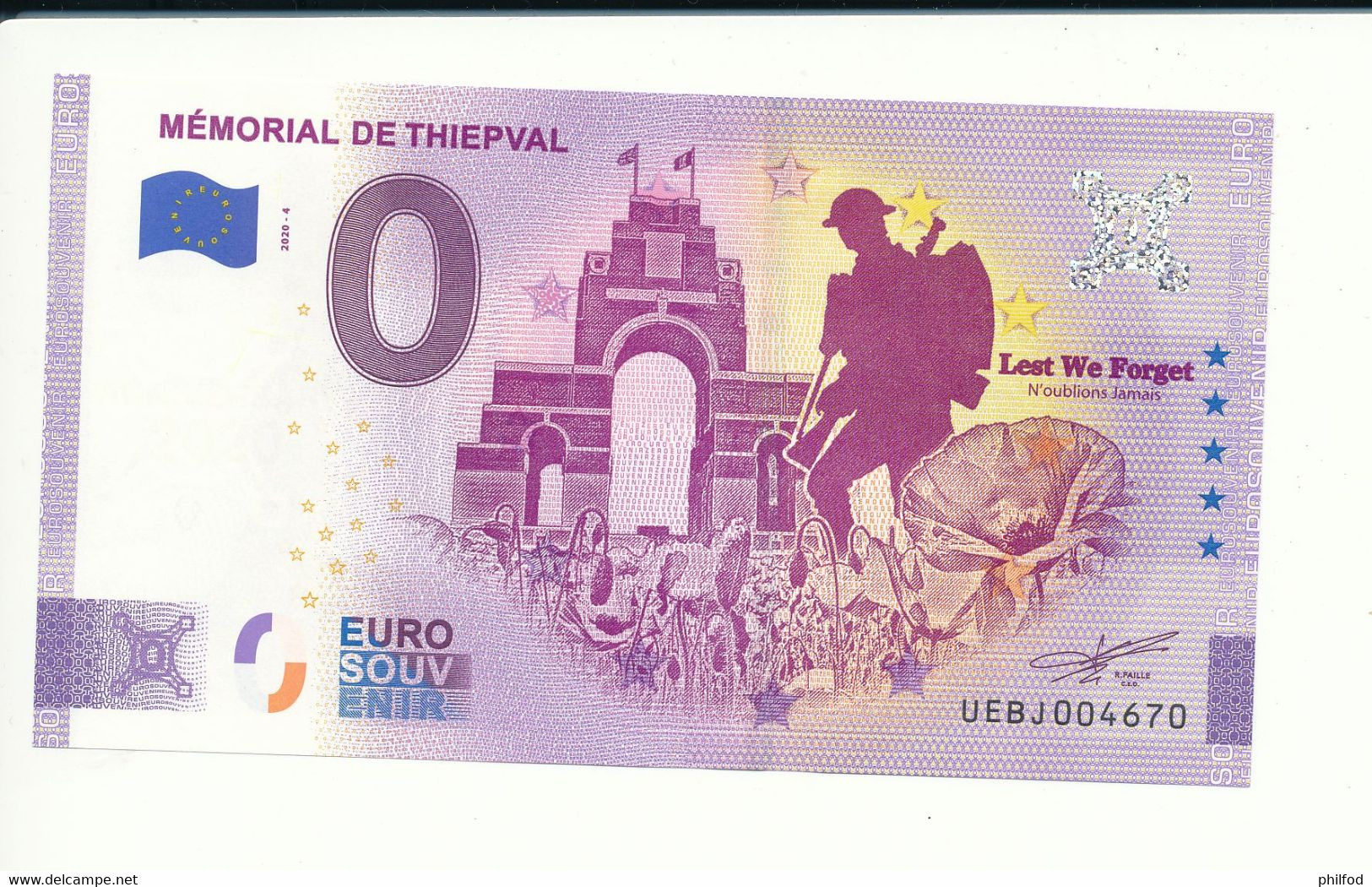 Billet Touristique  0 Euro  - MÉMORIAL DE THIEPVAL  - UEBJ - 2020-4 - ANNIV - N° 4670 - Autres & Non Classés