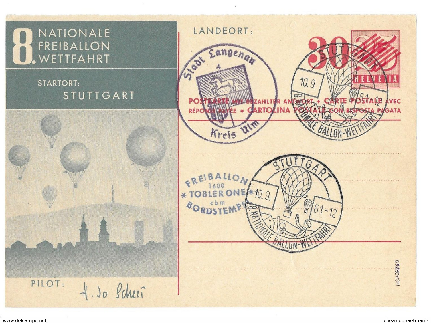1961 SUISSE ENTIER 25 BARRE SURCHARGE 30 STUTTGART LANGENAU NATIONALE FREIBALLON WETTFAHRT COURSE NATIONALE DE BALLON - Enteros Postales