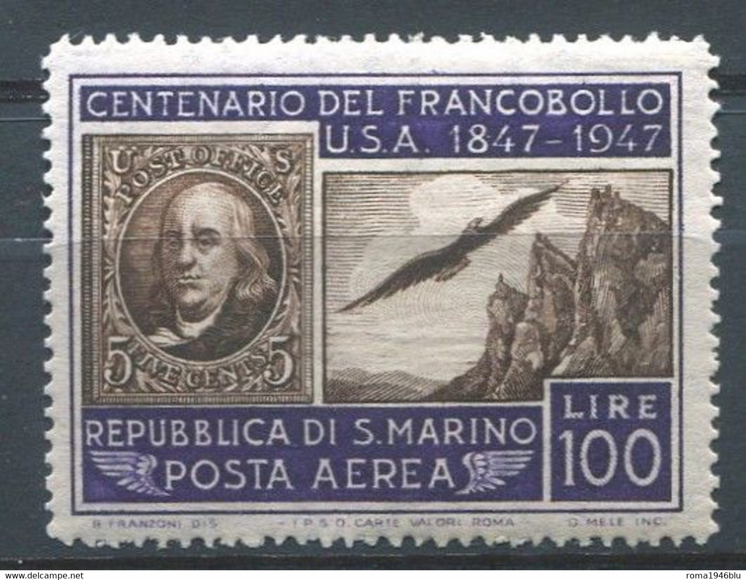 SAN MARINO 1947 PRIMO FRANCOBOLLO STATI UNITI P.A. 100 L. ** MNH - Ungebraucht