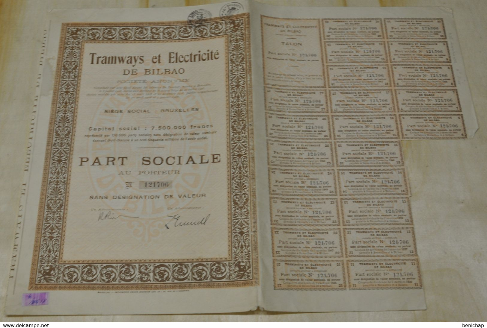 Tramways Et Electricité De Bilbao - Part Sociale Au Porteur Sans Désignation De Valeur - Bruxelles Janvier  1927. - Railway & Tramway