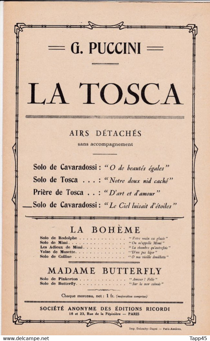 La Tosca	Chanteur	Puccini	Partition Musicale Ancienne > 	24/1/23 - Opera