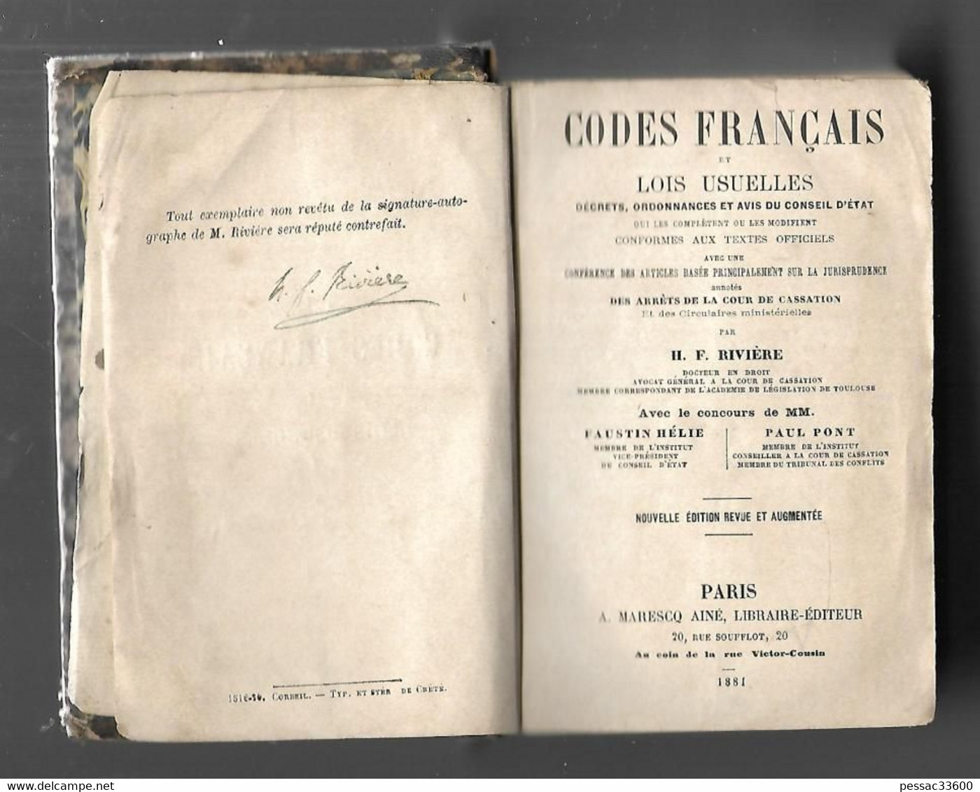 Codes Français Et Lois Usuelles H.F Rivière 1881 Marescq, Ainé, Libraire éditeur - Rechts