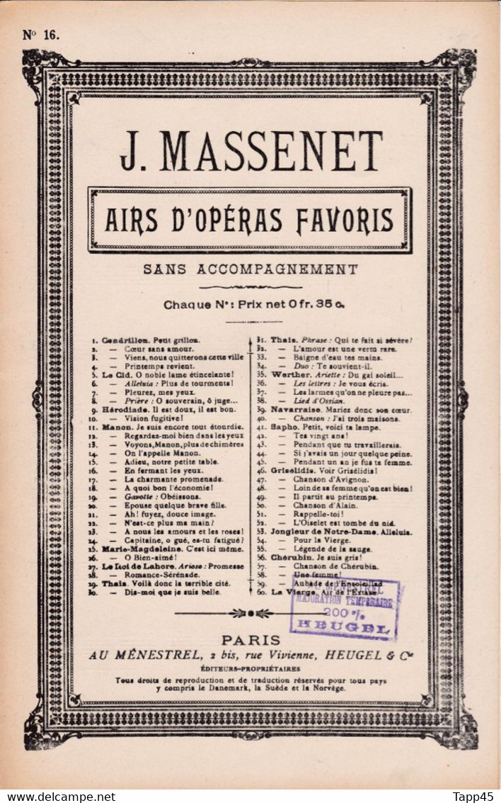 Manon >LeRêve Des Grieux	Chanteur	???	Partition Musicale Ancienne > 	24/1/23 - Opéra