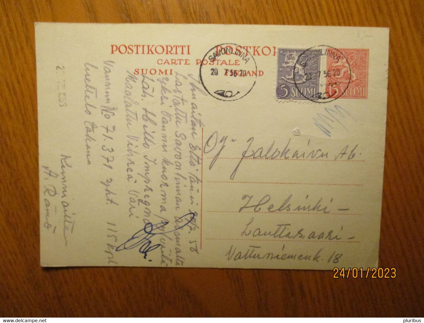 FINLAND POSTAL STATIONERY  1956 SAVONLINNA TO HELSINKI  , 2-10 - Postal Stationery