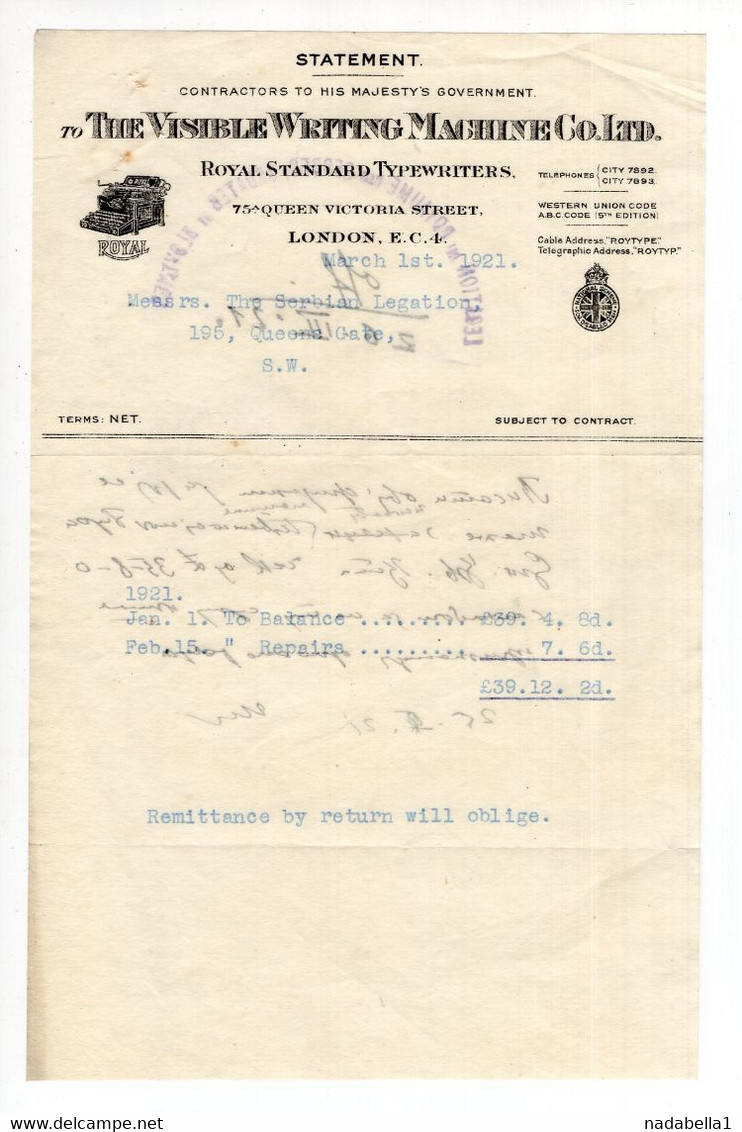 1921. UNITED KINGDOM,LONDON,ROYAL STANDARD TYPEWRITERS,REPAIR BILL SENT TO SERBIAN EMBASSY - Royaume-Uni