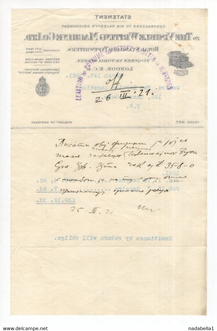 1921. UNITED KINGDOM,LONDON,ROYAL STANDARD TYPEWRITERS,REPAIR BILL SENT TO SERBIAN EMBASSY - Royaume-Uni