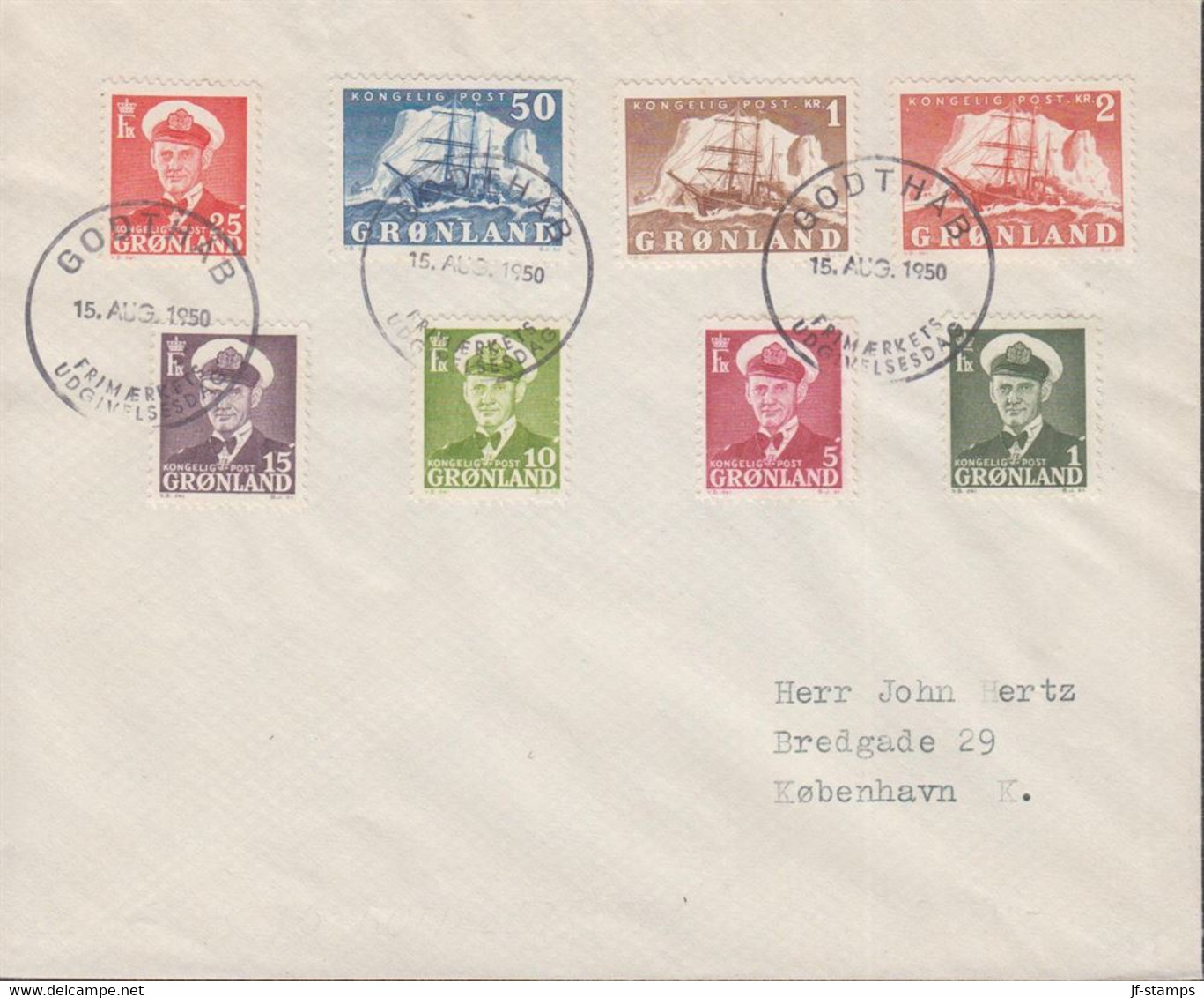 1950. GRØNLAND. Frederik IX And Gustav Holm.__ Set With 8 Stamps On FDC GODTHÅB 15.... (Michel 28-32 - 34-36) - JF436440 - Briefe U. Dokumente