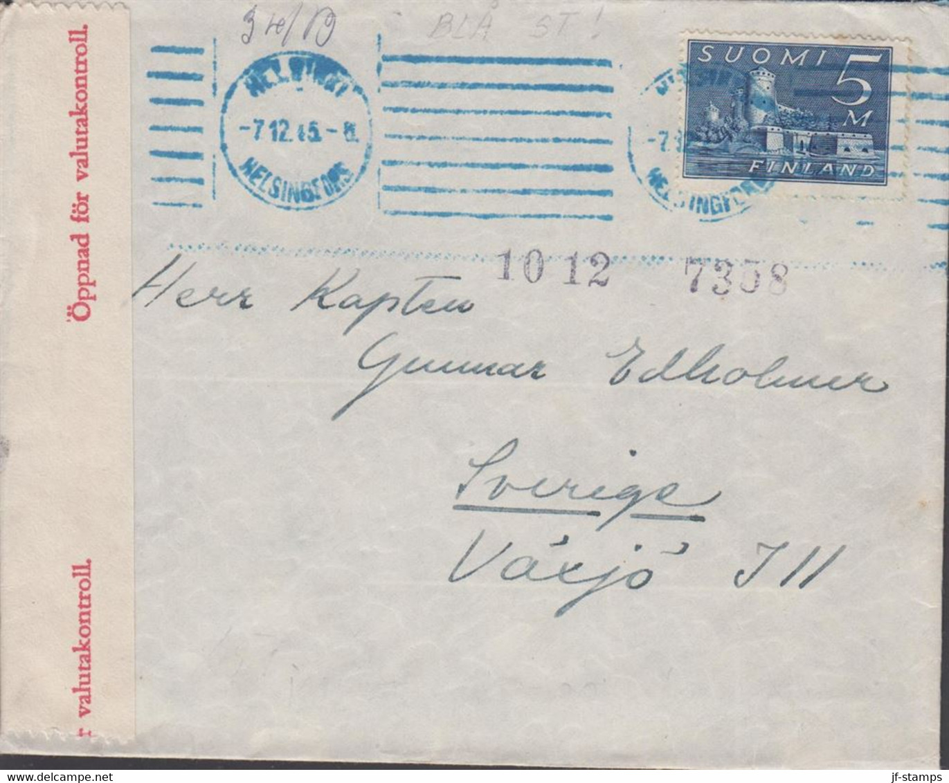 1945. FINLAND. Nice Envelope To Sverige With 5 M Olavinlinna Castle Cancelled With Blue HELSI... (Michel 155) - JF436453 - Covers & Documents