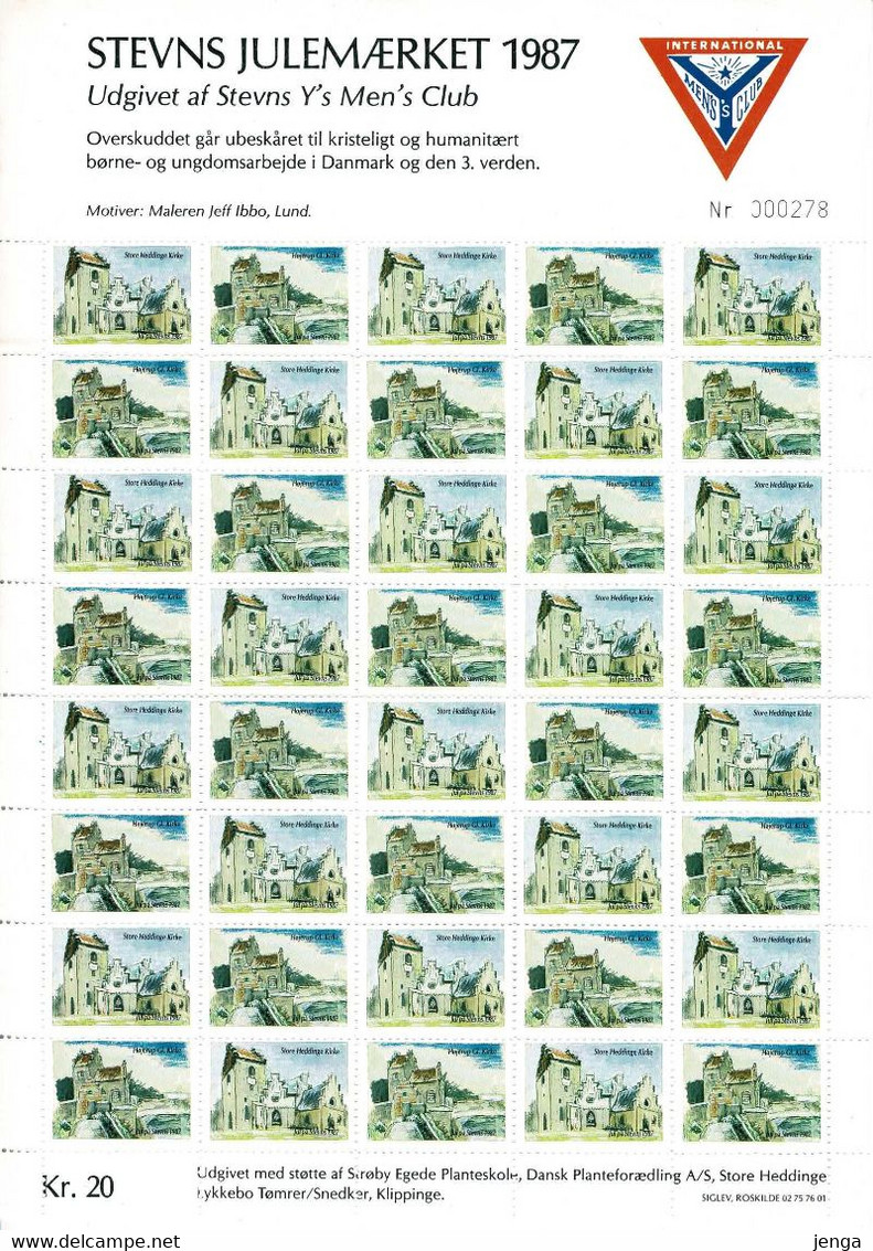 Denmark; Y's Mens Club Stevns;  Christmas Seals 1987; Churches; Unused Sheet - MNH(**) Not Folded. - Full Sheets & Multiples