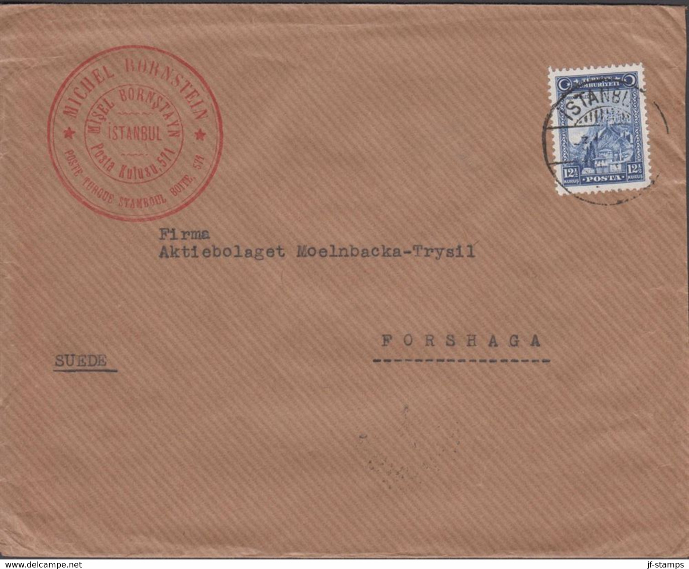 1930. TÜRKIYE Cover To Forshaga, Sweden With 12½ KURUS Ankara Fort Issue TÜRKİYE CUMHURİYETİ ... (Michel 889) - JF436492 - Brieven En Documenten