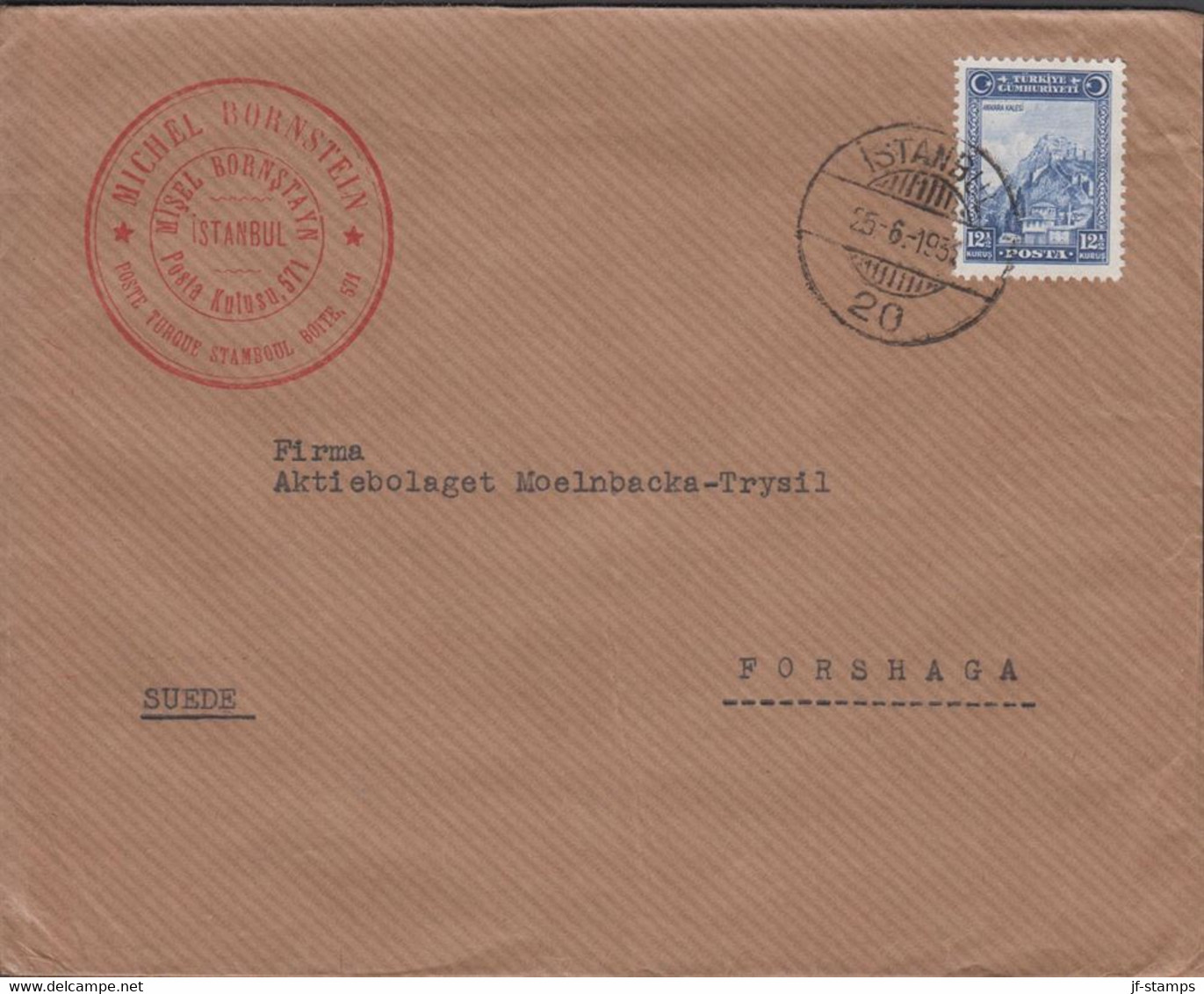 1931. TÜRKIYE Beautiful Cover To Forshaga, Sweden With 12½ KURUS Ankara Fort Issue TÜRKİYE CU... (Michel 889) - JF436494 - Covers & Documents
