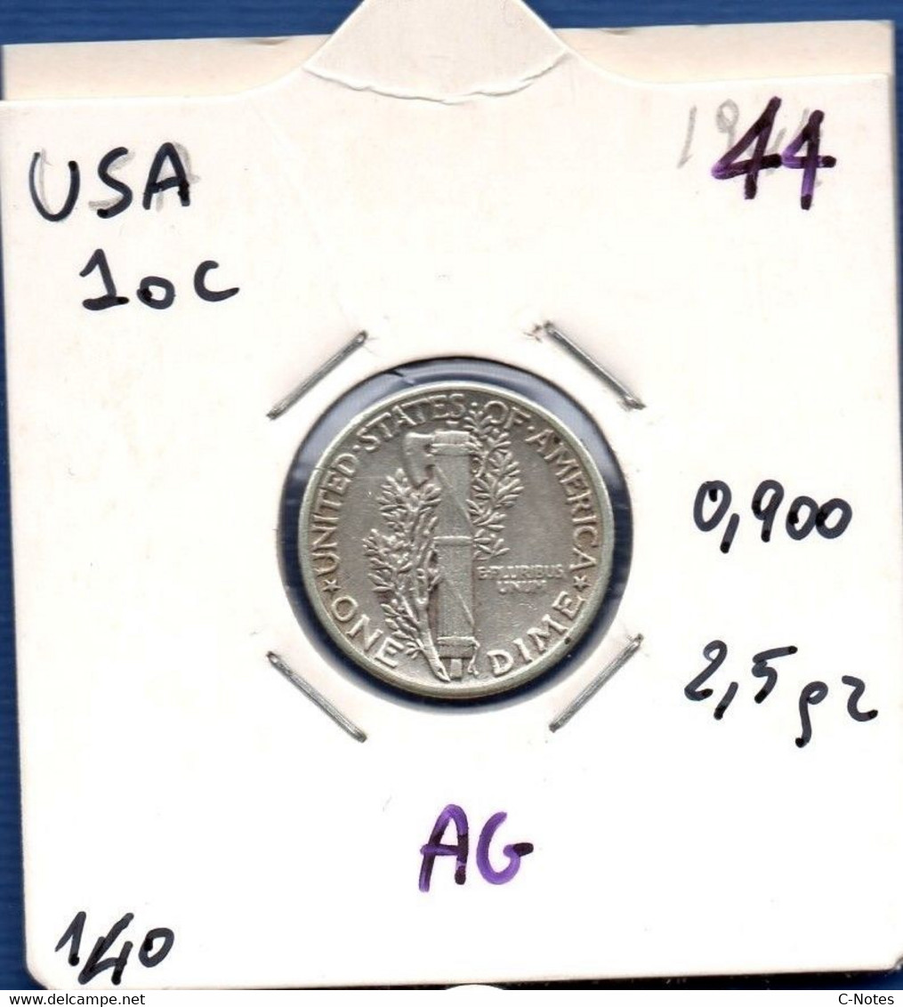 UNITED STATES OF AMERICA - 10 Cents / 1 Dime 1944 - Circulated -  See Photos - SILVER - Km 140 - 1916-1945: Mercury (kwik)