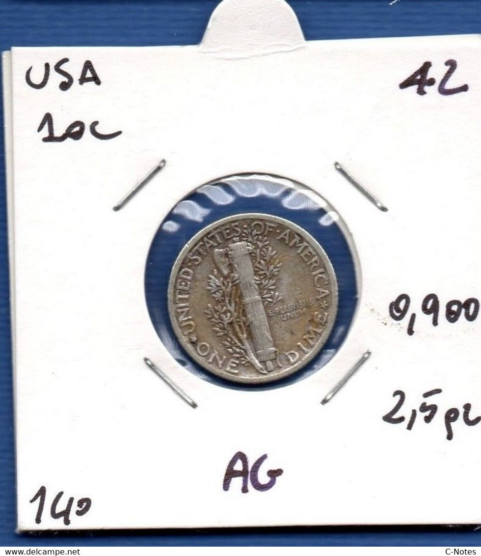 UNITED STATES OF AMERICA - 10 Cents / 1 Dime 1942 -   See Photos - SILVER - Km 140 - 1916-1945: Mercury (Mercure)