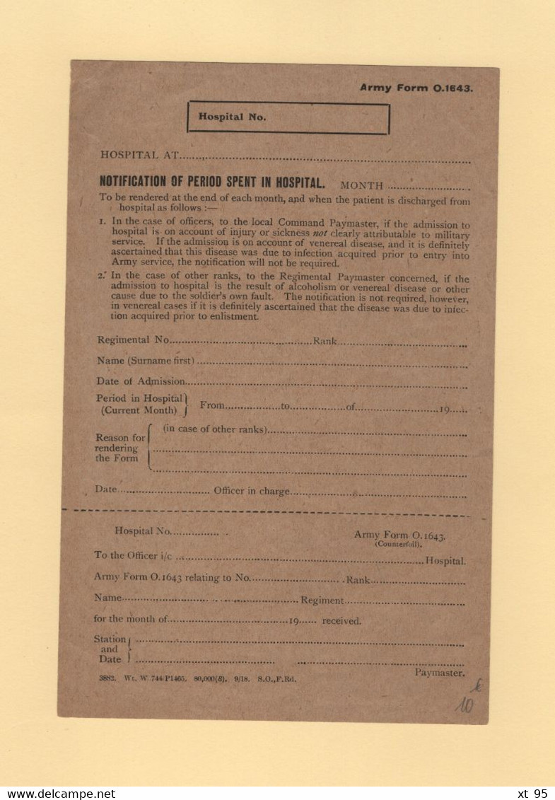 Petit Formulaire Neuf - Notification Of Period Spent In Hospital - WW II
