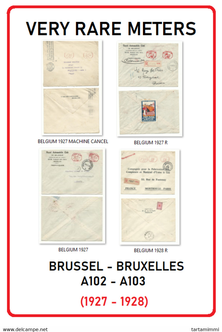 RARITY OF BELGIUM - EMA METER FREISTEMPEL  A102 + A103 GROUP OF 4 COVERS BRUXELLES BRUSSEL 1927 1928 (5 SCAN) - ...-1959