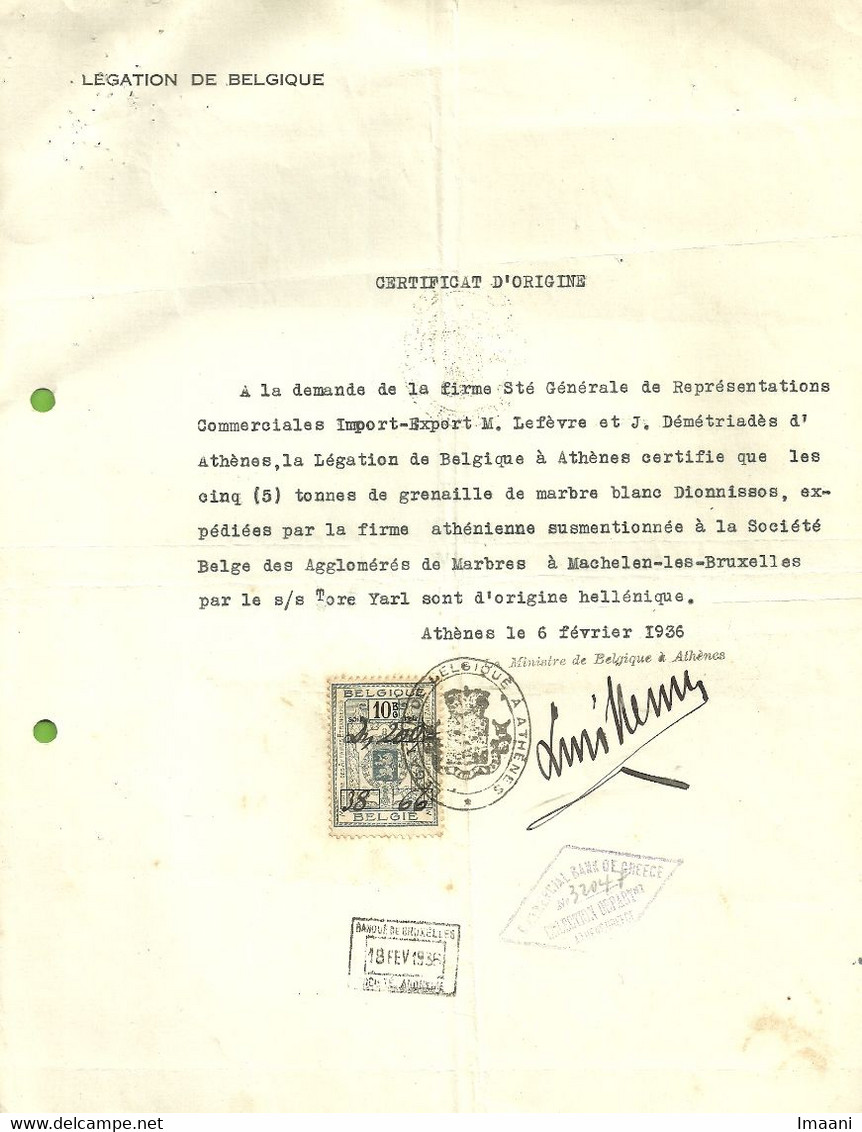 FISCALE-zegel Op CERTIFICAT D'ORIGINE / Stempel LEGATION DE BELGIQUE A ATHENES 1936  (GR812) - Documents