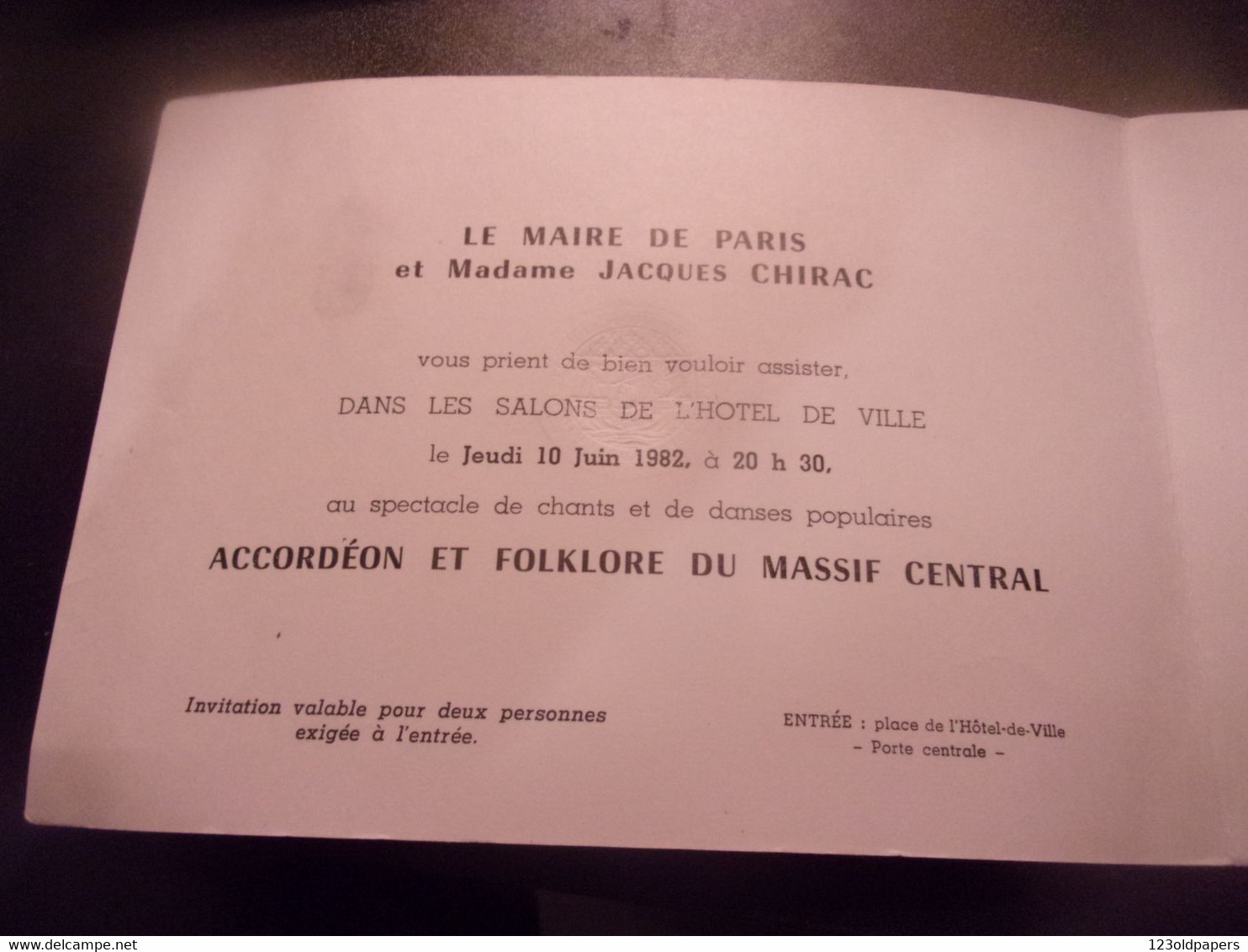 ♥️ JACQUES CHIRAC 1982 MAIRE PARIS INVITATION ACCORDEON ET FOLKLORE DU MASSIF CENTRAL FREDY DUMAS PESCHEL ... - Programme