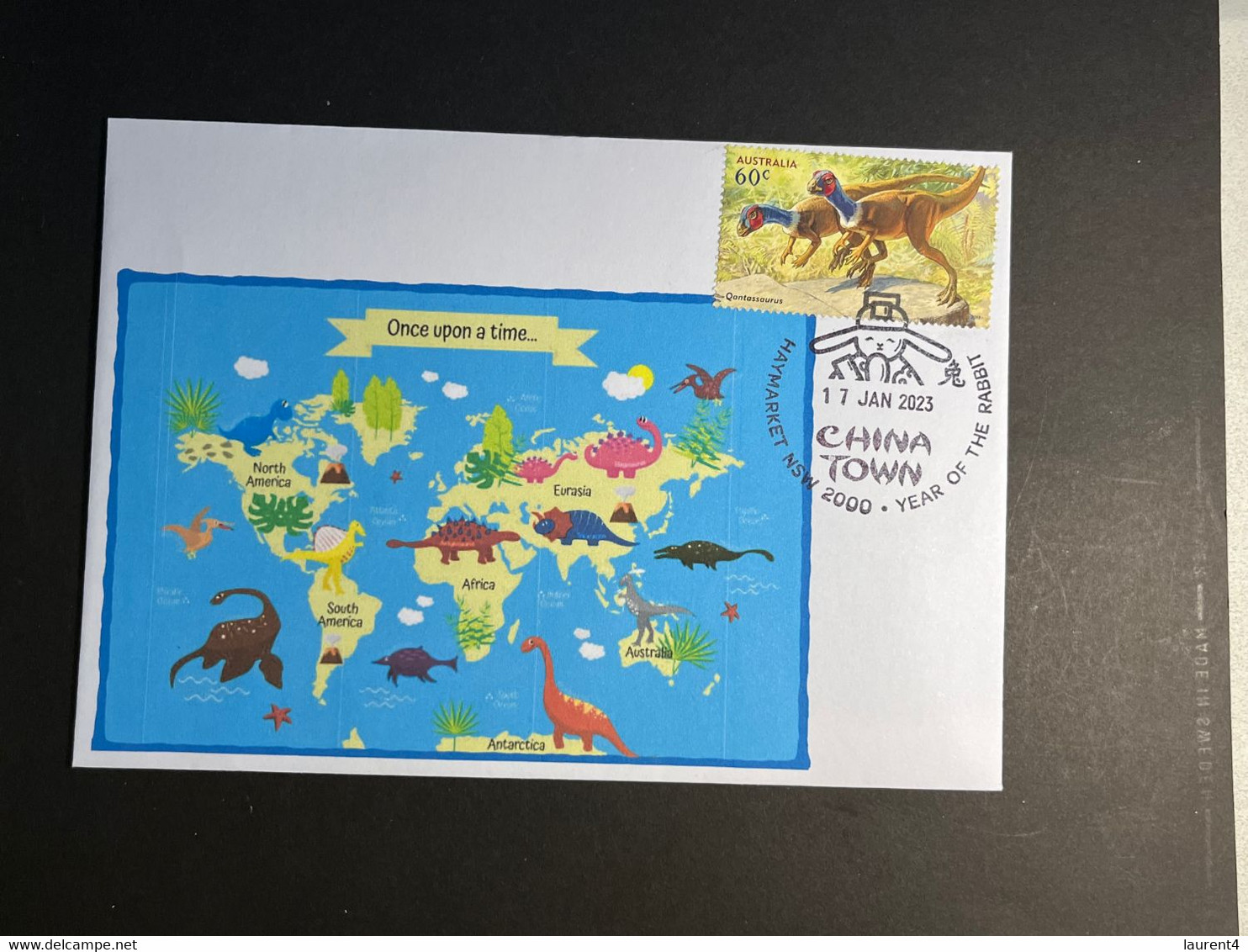 (1 Oø 12) Dinosaur - With Dinosaur 60cent Stamp - Black Lunar New Year Of The Rabbit Postmark (world Dino-map) - Cartas & Documentos