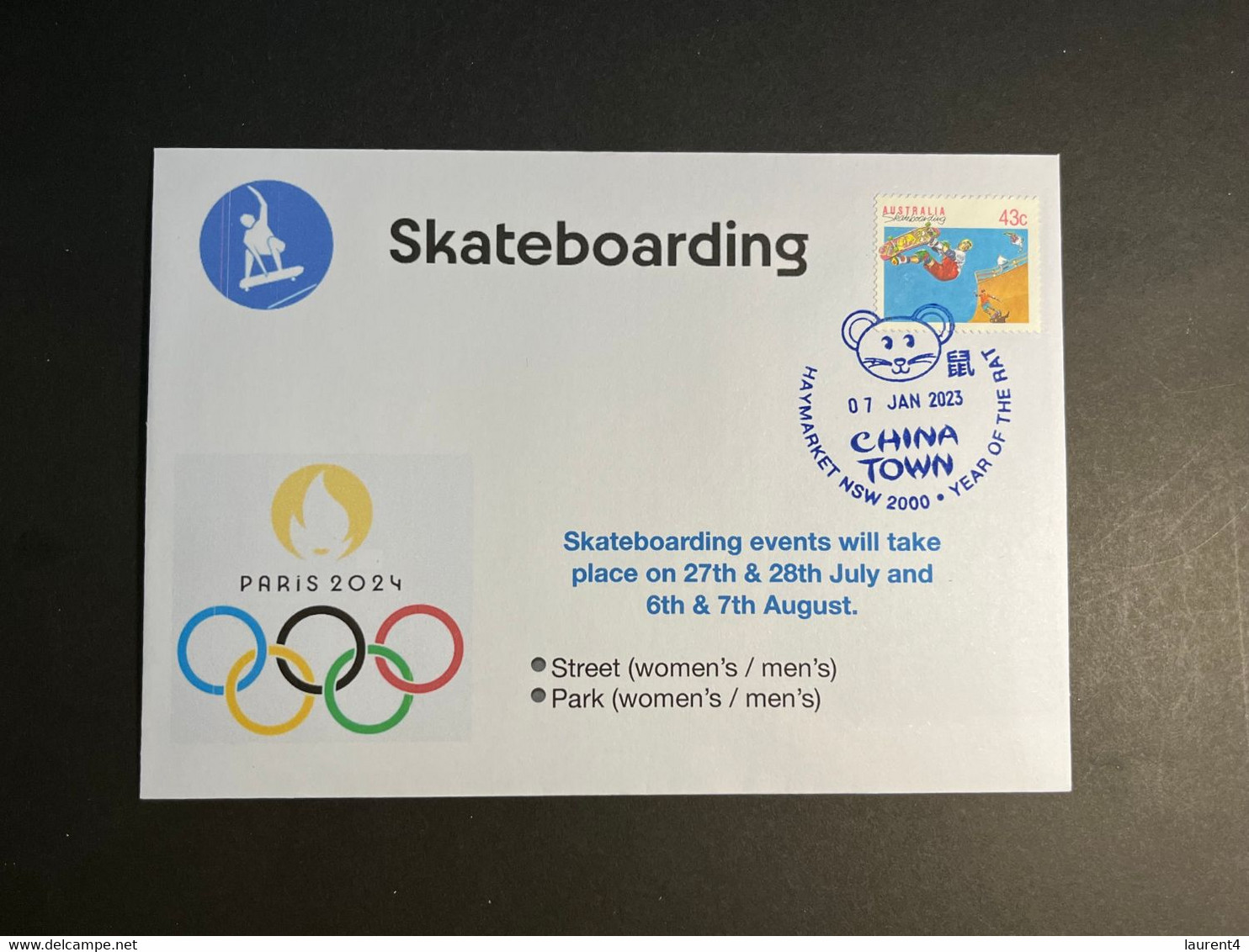 (1 Oø 14) 2024 France - Paris Olympic Games (p/m 7-1-2023) (Skateboarding) With Australian 43 Cent Skateboarding Stamp - Skateboard