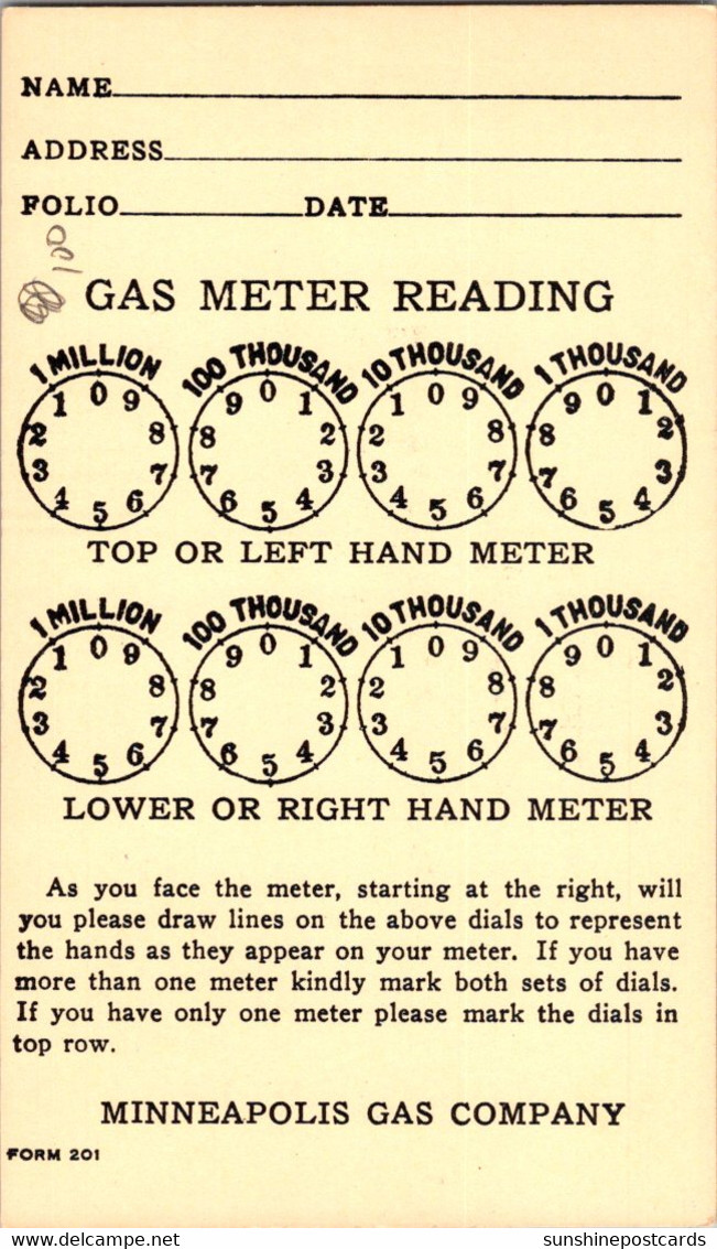 Minnesota Minneapolis Gas Company Gas Meter Reading Card - Minneapolis