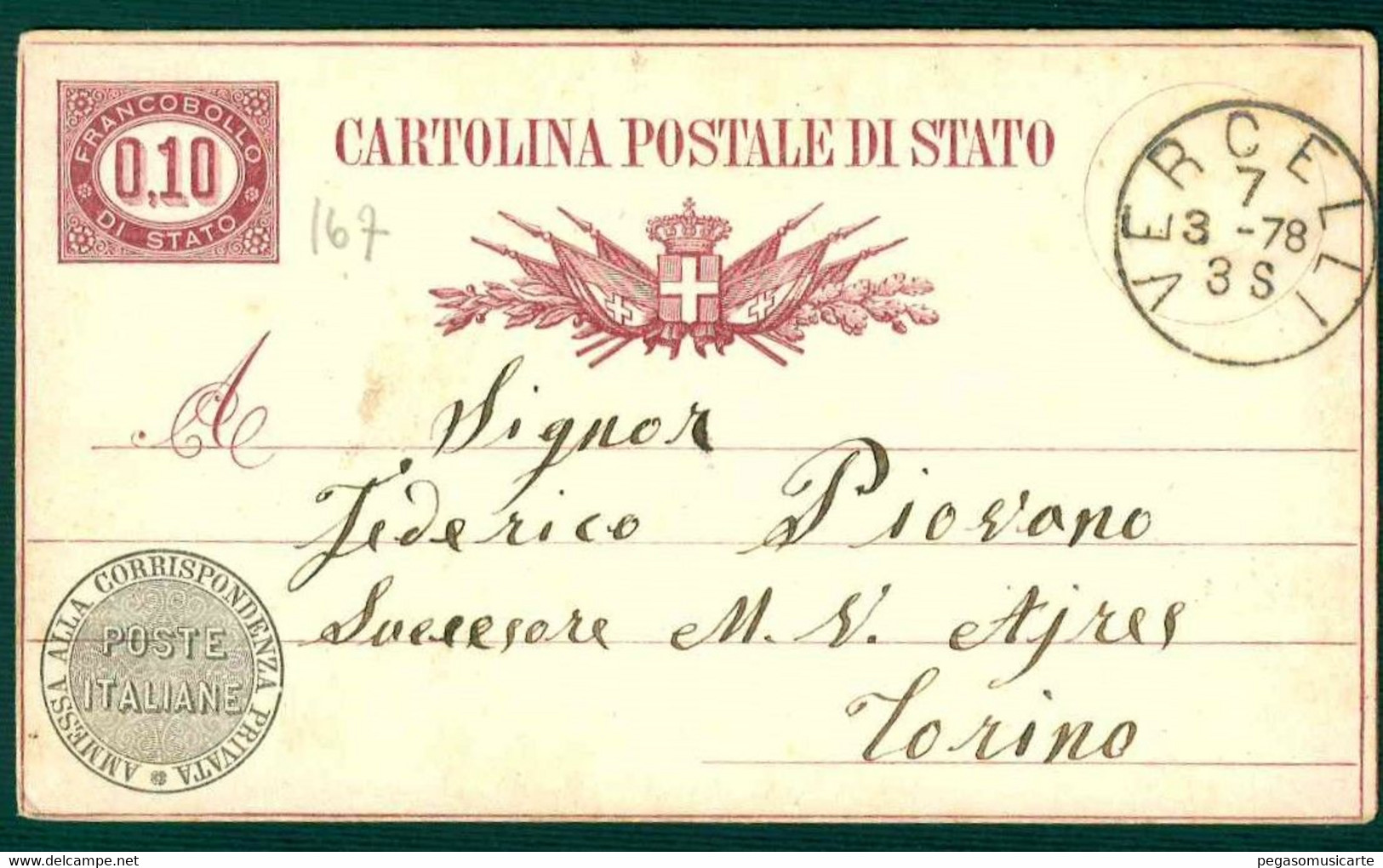 CLH371 -  CARTOLINA POSTALE DI STATO CENTESIMI 0,10 -  STORIA POSTALE 1878 VERCELLI - INTERO POSTALE - Interi Postali