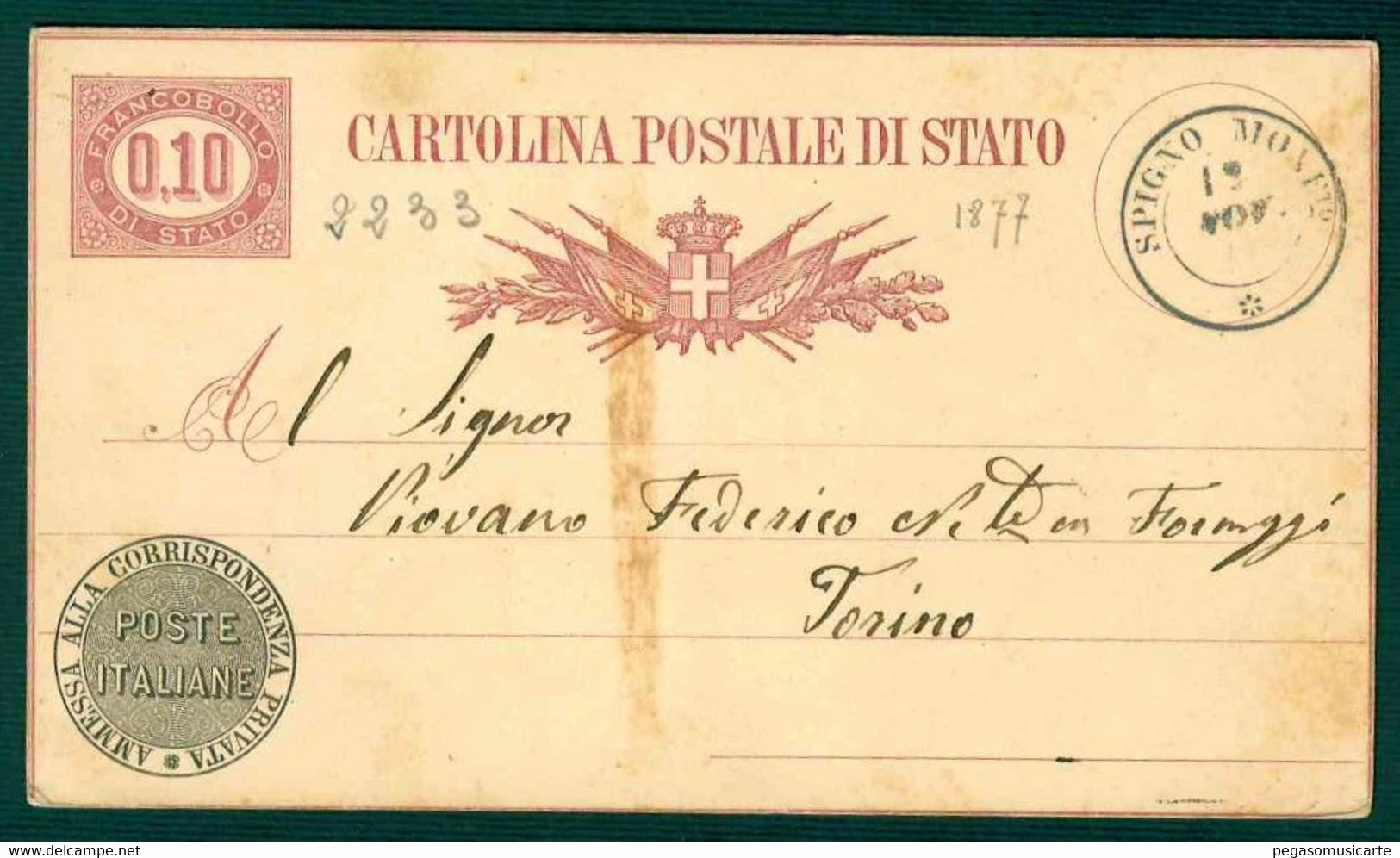 CLH373 -  CARTOLINA POSTALE DI STATO CENTESIMI 0,10 -  STORIA POSTALE 1877 SPIGNO MONFERRATO - INTERO POSTALE - Postwaardestukken