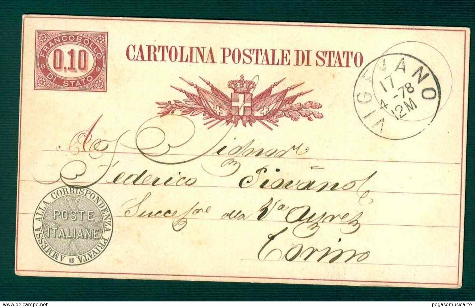 CLH375 -  CARTOLINA POSTALE DI STATO CENTESIMI 0,10 -  STORIA POSTALE 1878 VIGEVANO INTERO POSTALE - Entiers Postaux