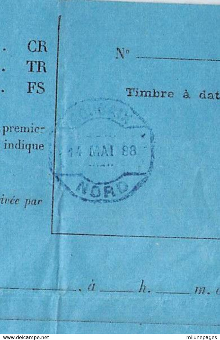 Grand Télégramme Modèle 701 Cachet Télégraphique Bleu Roubaix Nord 14 Mai 1888 - Telegraph And Telephone