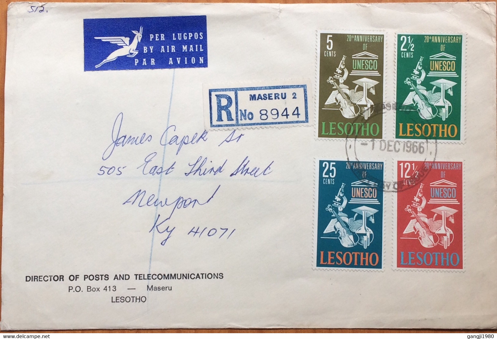 LESOTHO 1966, REGISTER COVER  USED, UNESCO, EDUCATION, CULTURE & SCIENCE, SET OF 4 STAMP, MASERU CITY CANCEL - Lesotho (1966-...)