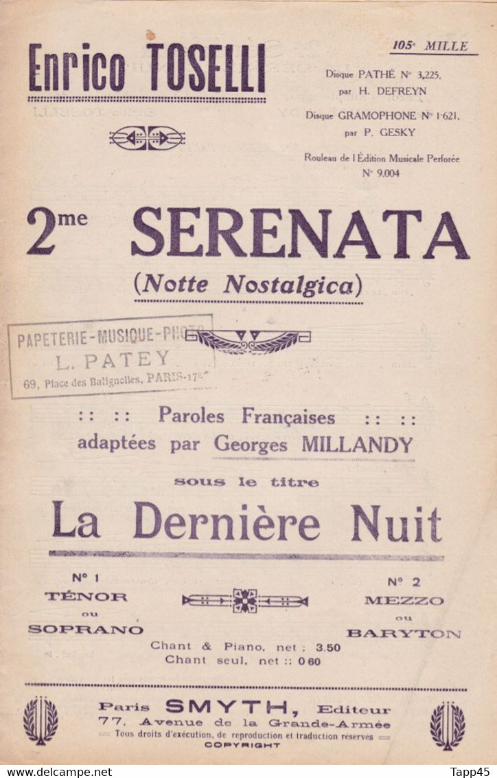 Sérénata > La Dernière Nuit	Chanteur	Enrico Toselli	Partition Musicale Ancienne > 	24/1/23 - Opera