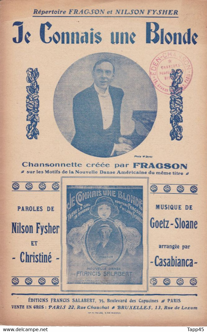 Je Connais Une Blonde 	Chanteur	Fragson	Partition Musicale Ancienne > 	24/1/23 - Operaboeken