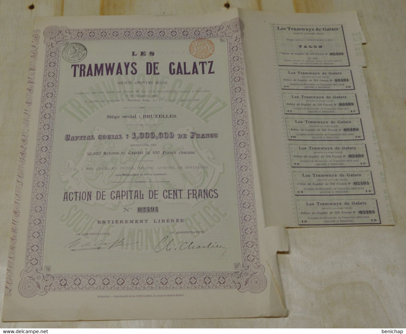 Les Tramways De Galatz -Roumanie -  Action De Capital De 100 Frs. Entièrement Libérée - Bruxelles Janvier 1900. - Railway & Tramway