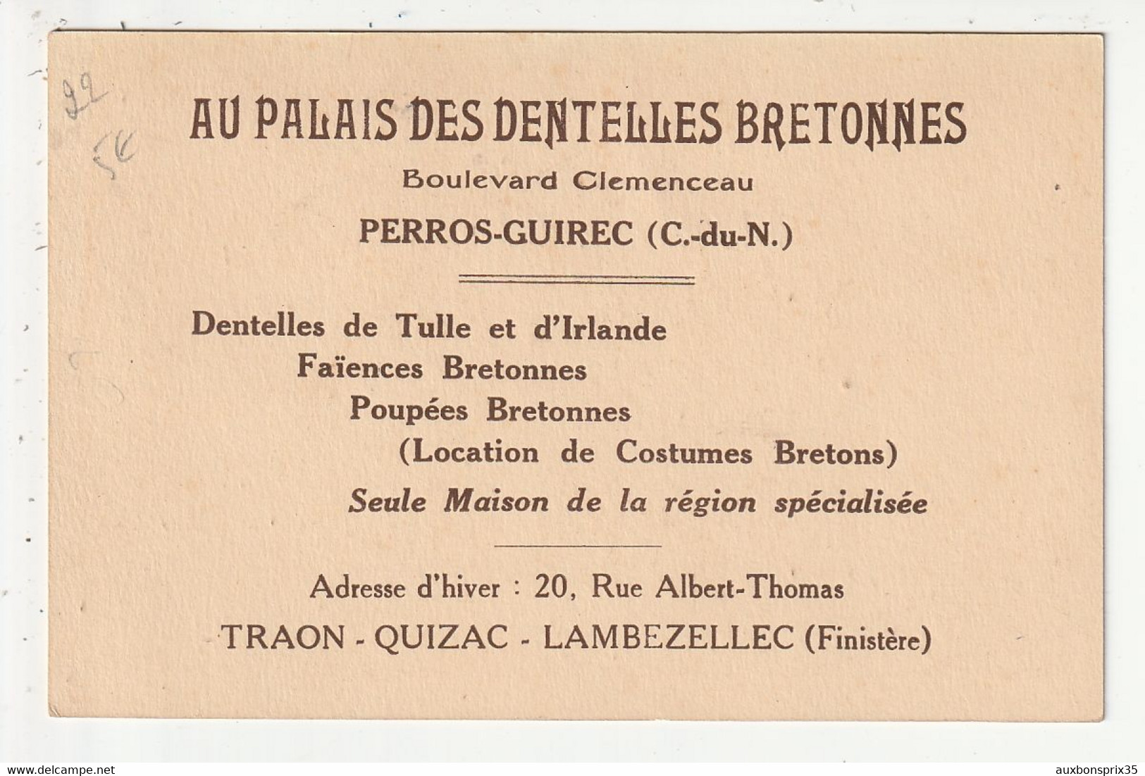 CARTE PUBLICITAIRE - PERROS GUIREC - AU PALAIS DES DENTELLES BRETONNES - BOULEVARD CLEMENCEAU - 35 - Perros-Guirec