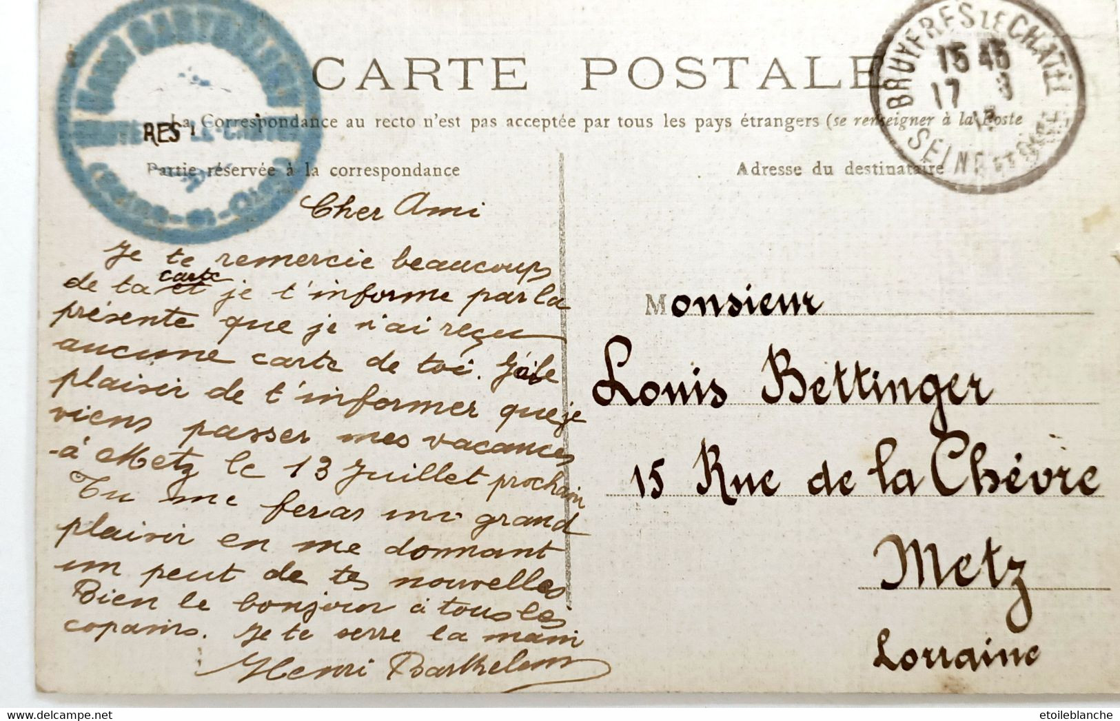CPA BRUYERES LE CHATEL (91) Le Château 'sous Bois' - Correspondance 1913, Tampon Bartheleau - Adressé Metz Bettinger - Bruyeres Le Chatel