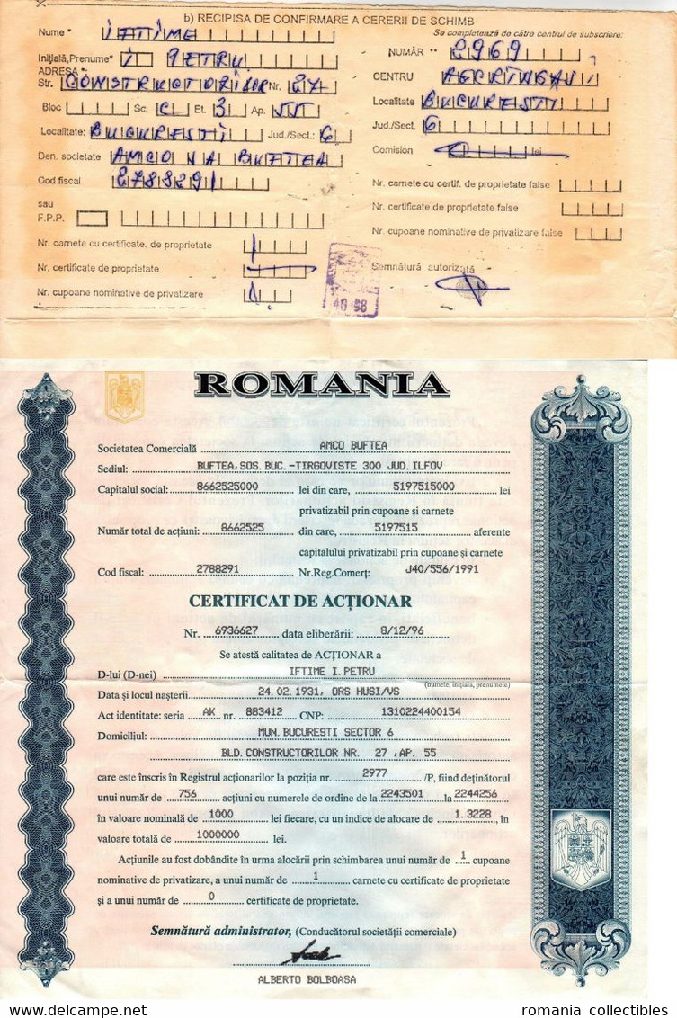 Romania, 1996, "AMCO BUFTEA" Company - Vintage Shareholder Certificate / Bond & Receipt - A - C