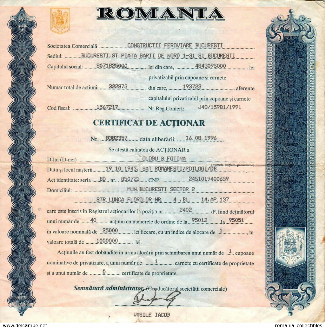 Romania, 1996, "CONSTRUCTII FEROVIARE BUCURESTI" Company - Vintage Shareholder Certificate / Bond - A - C