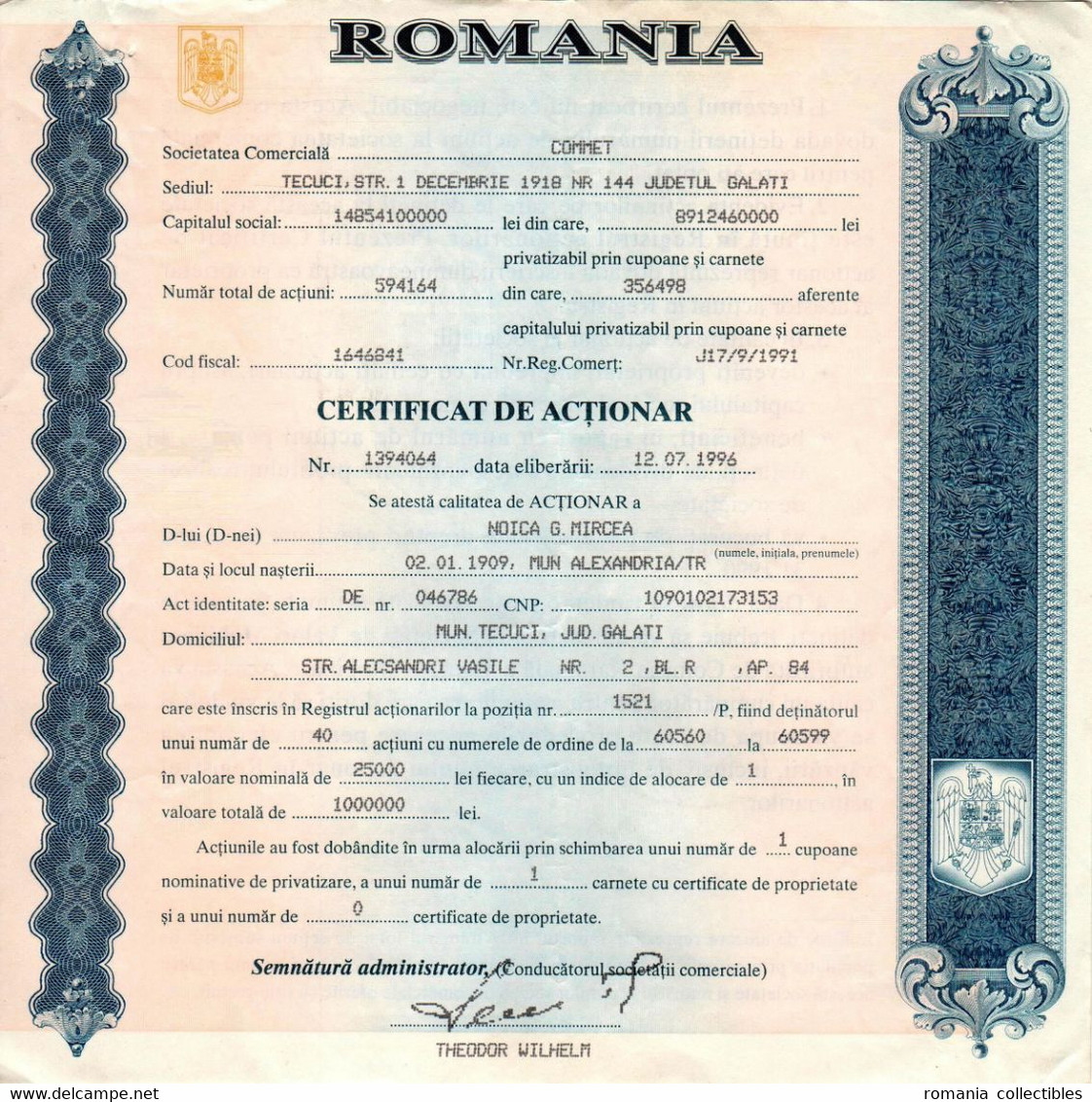 Romania, 1996, "COMMET" Company - Vintage Shareholder Certificate / Bond - A - C