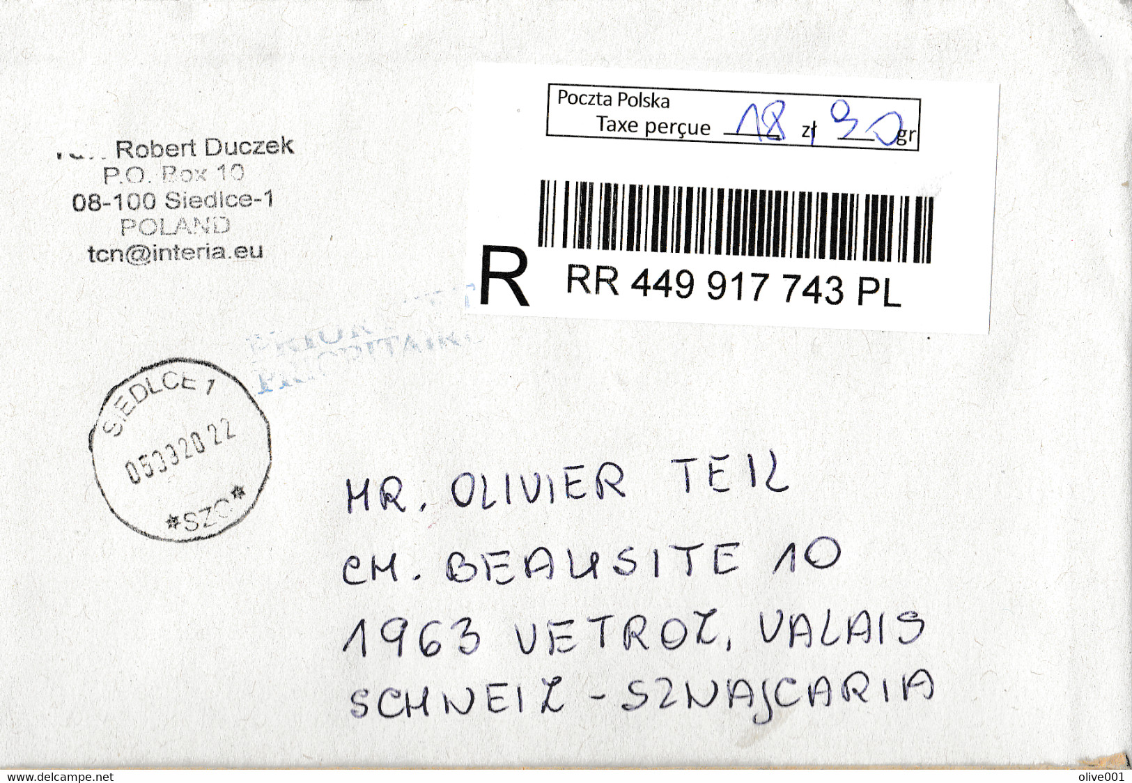 Recommandé De Siedlce Pologne Pour Vetroz Valais Suisse Du 20/08/2022 - Briefe U. Dokumente