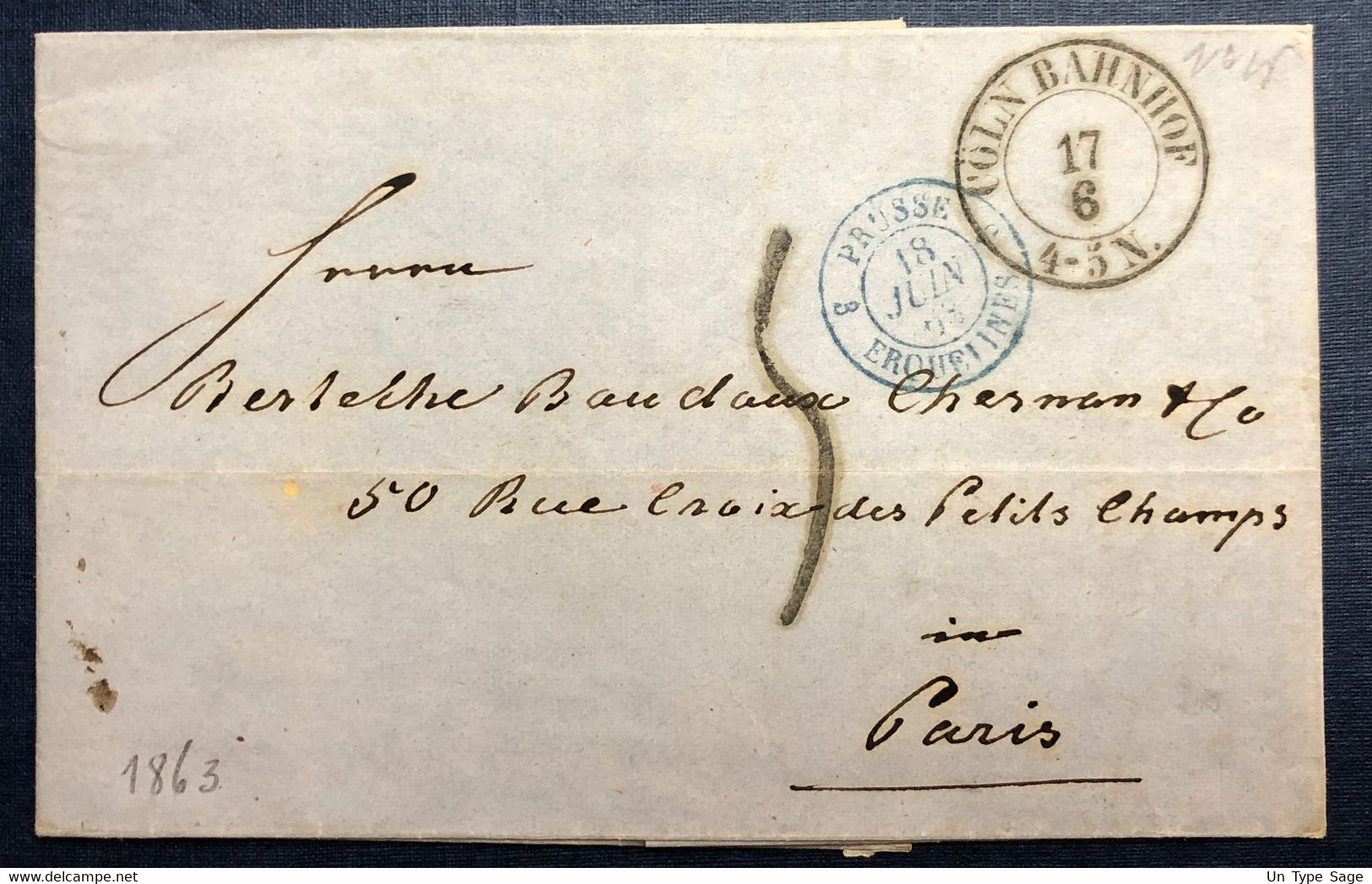 France, TAD D'entrée PRUSSE / ERQUELINES 18.6.1863 Sur Lettre De COLN - (B4273) - Marques D'entrées