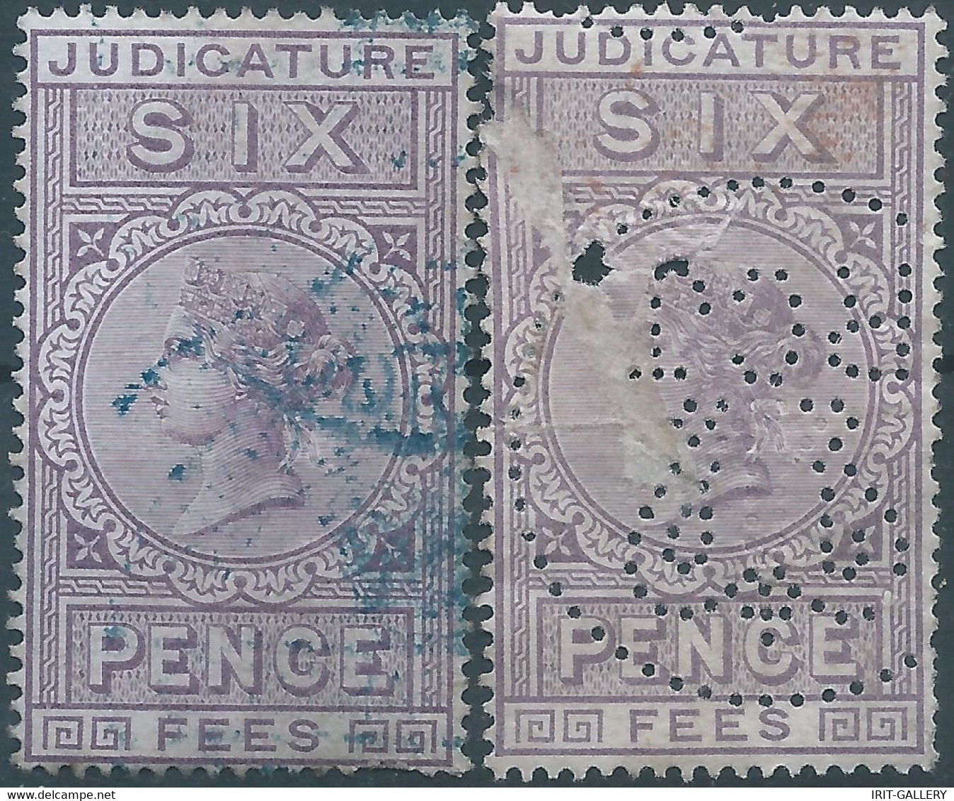 Great Britain-ENGLAND,Queen Victoria,Revenue Stamp Tax Fiscal JUDICATURE FEES,6 Pence + Perfin,Used - Fiscales