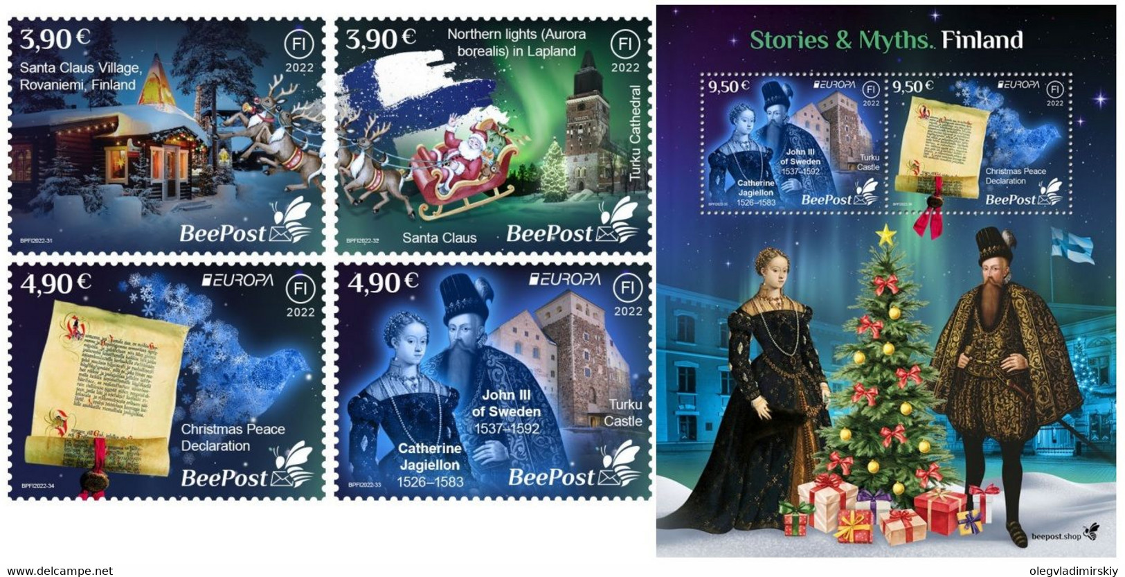 Finland 2022 Stories And Myths Legends Of Old Castles And Christmas Traditions BeePost Set Of 4 Stamps And Block Mint - Ungebraucht